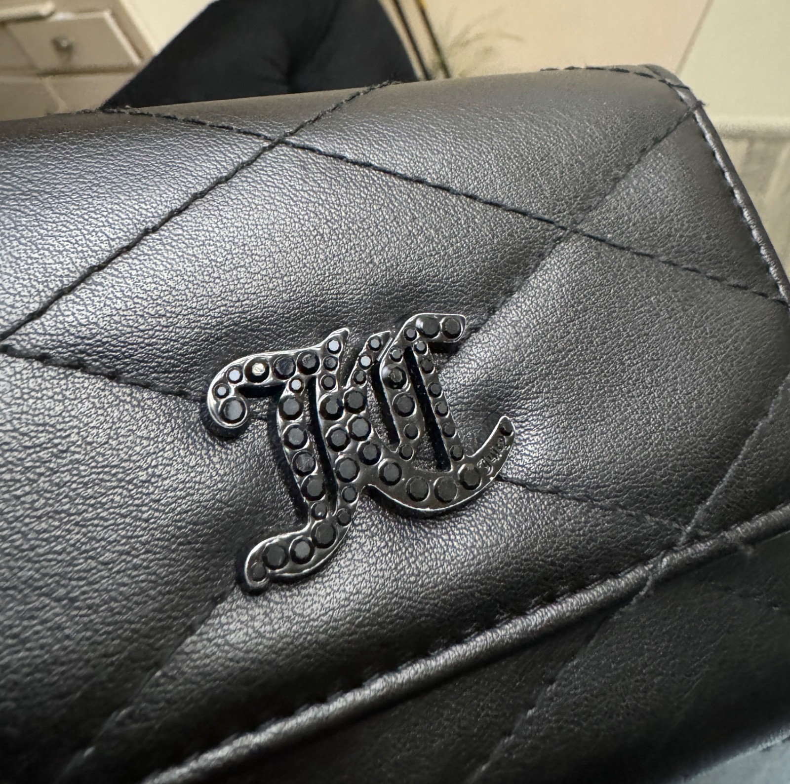Juicy Couture Black Quilted Trifold Wallet JC Rhinestone Logo Heart Charm