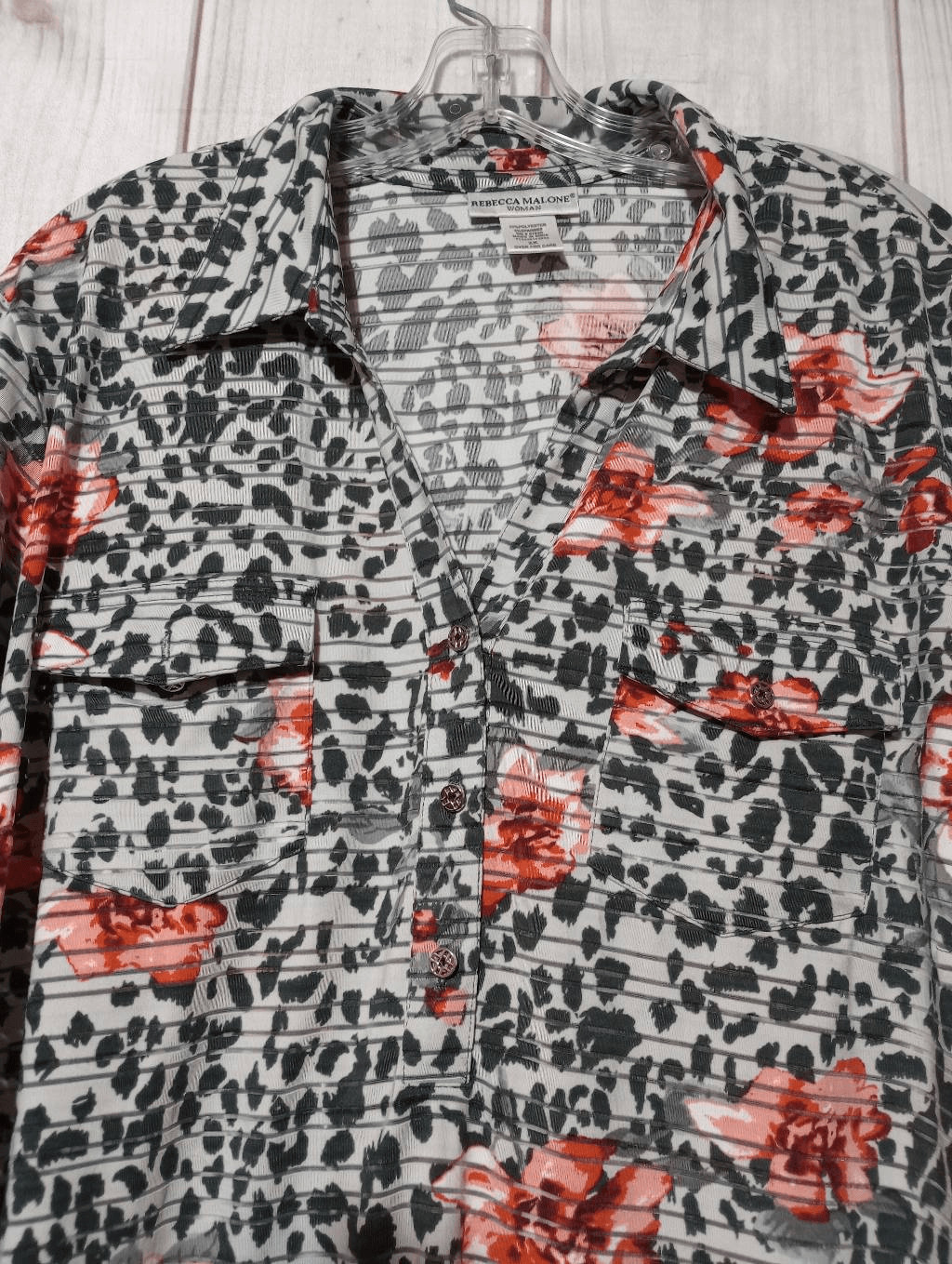 Rebecca Malone Woman 2X Floral Leopard Print Roll Tab Sleeve Button Up Top