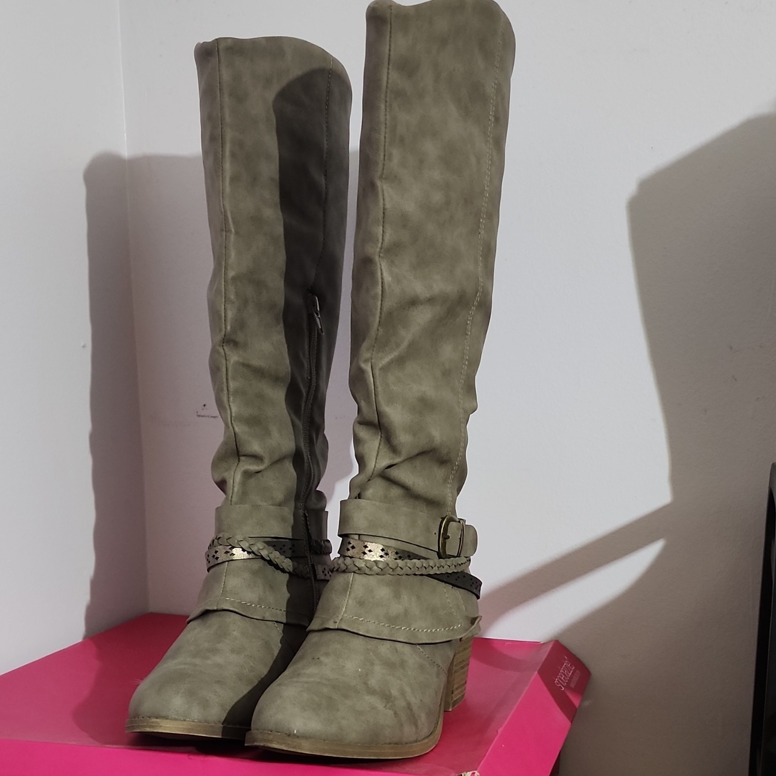 Dixie Gray Knee High Faux Suede Riding Boots Buckle Zip Round Toe US 7M