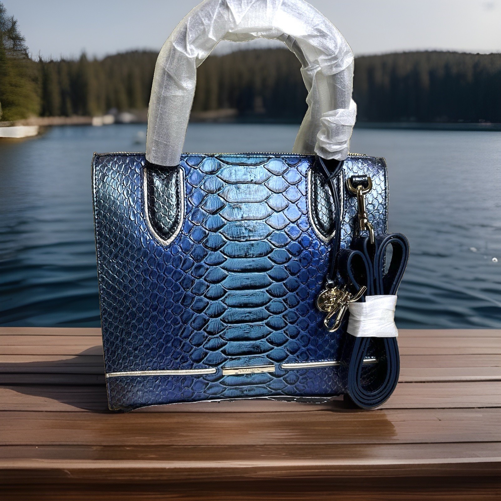 BRAHMIN ELECTRIC BLUE ATEAGUE MERMAID TAIL PATTRN SMALL CAROLINE LEATHER HANDBAG