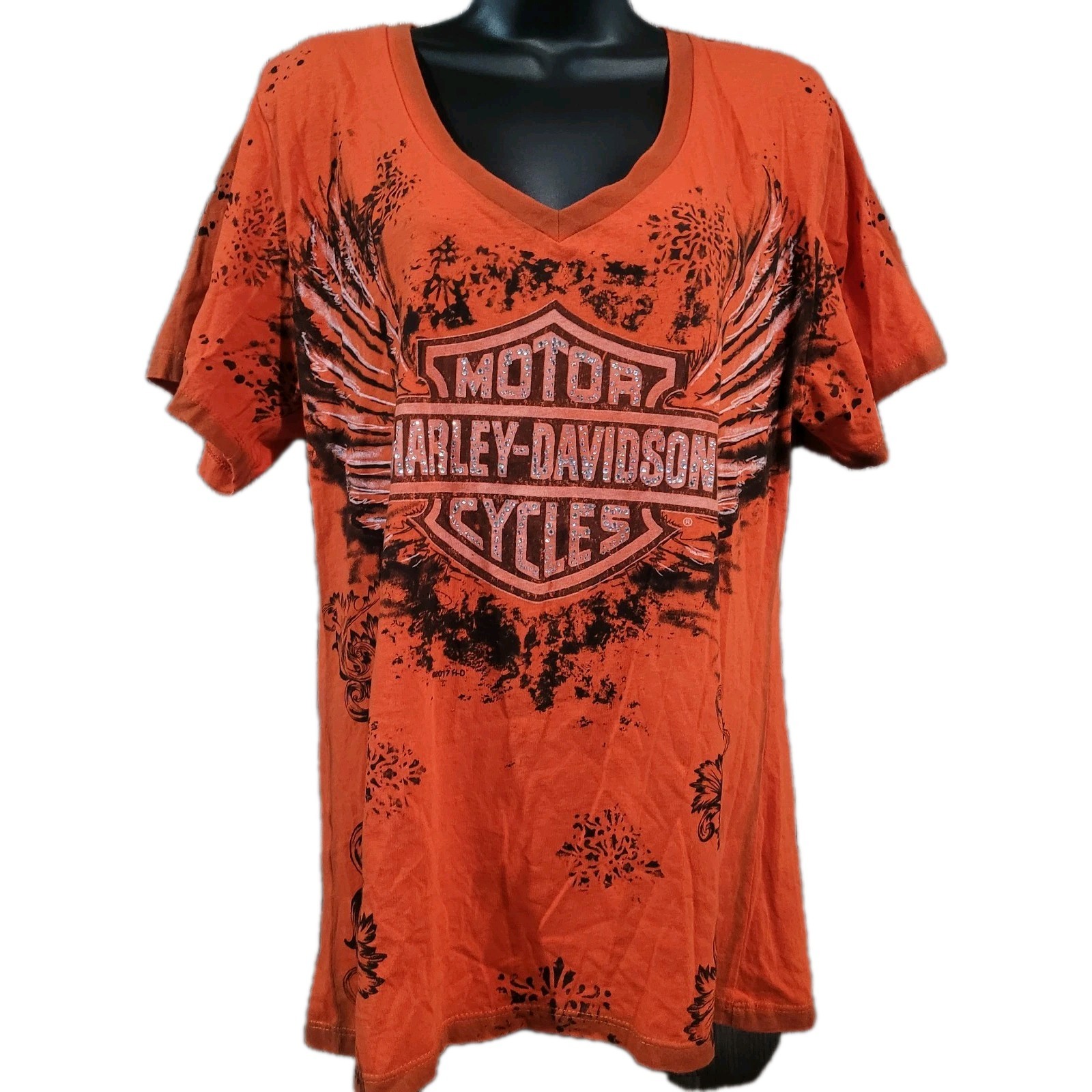 Harley Davidson Las Vegas T-Shirt XL Orange Angel Wings Rhinestone Grunge V-Neck
