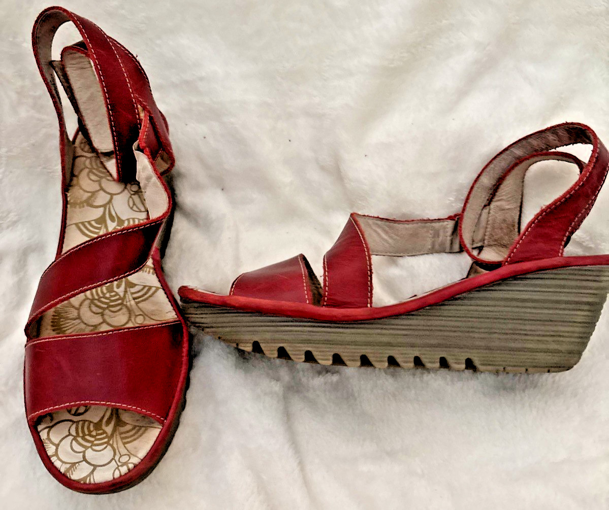 Fly London Yesk Ankle Wrap Sandals EU 40 US 9/9.5 Red Leather
