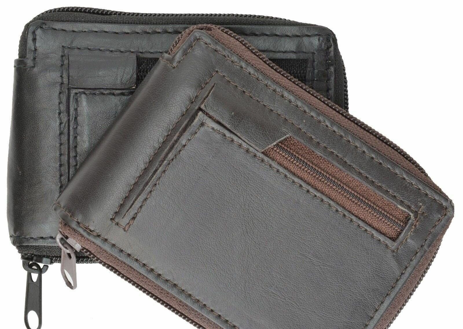 Zip Around Genuine Leather Bifold Card Holder Wallet W/Outside Zipper Pocket
