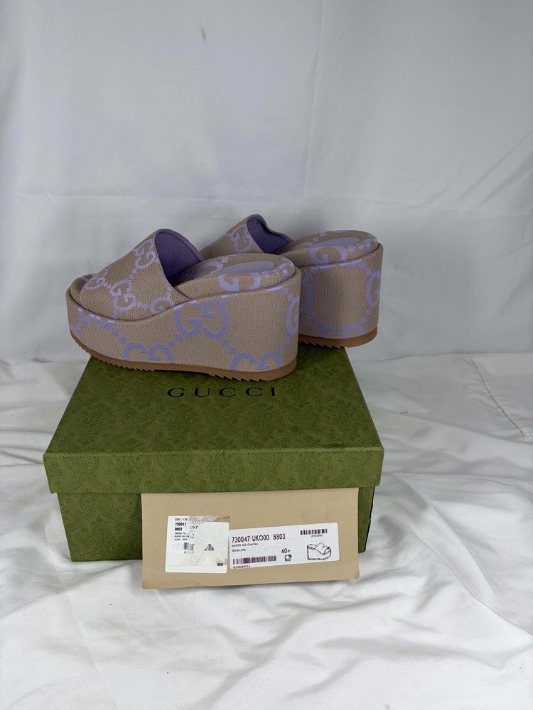 Gucci Jumbo Angelina GG Canvas 4” Platform Sandals US Size 10.5 SPB JA-369500