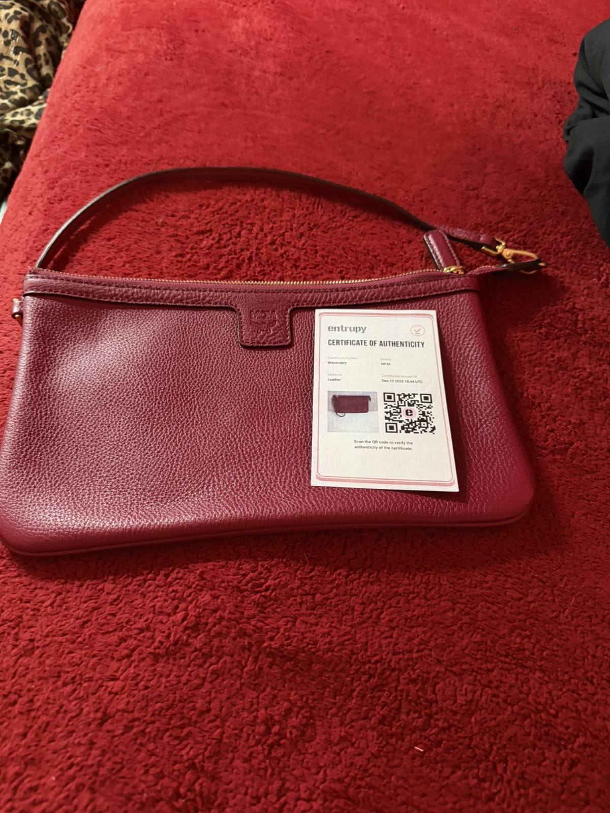 MCM – 2-Way Clutch/Crossbody Leather Bag – Wine Red (COA) INCLUDED