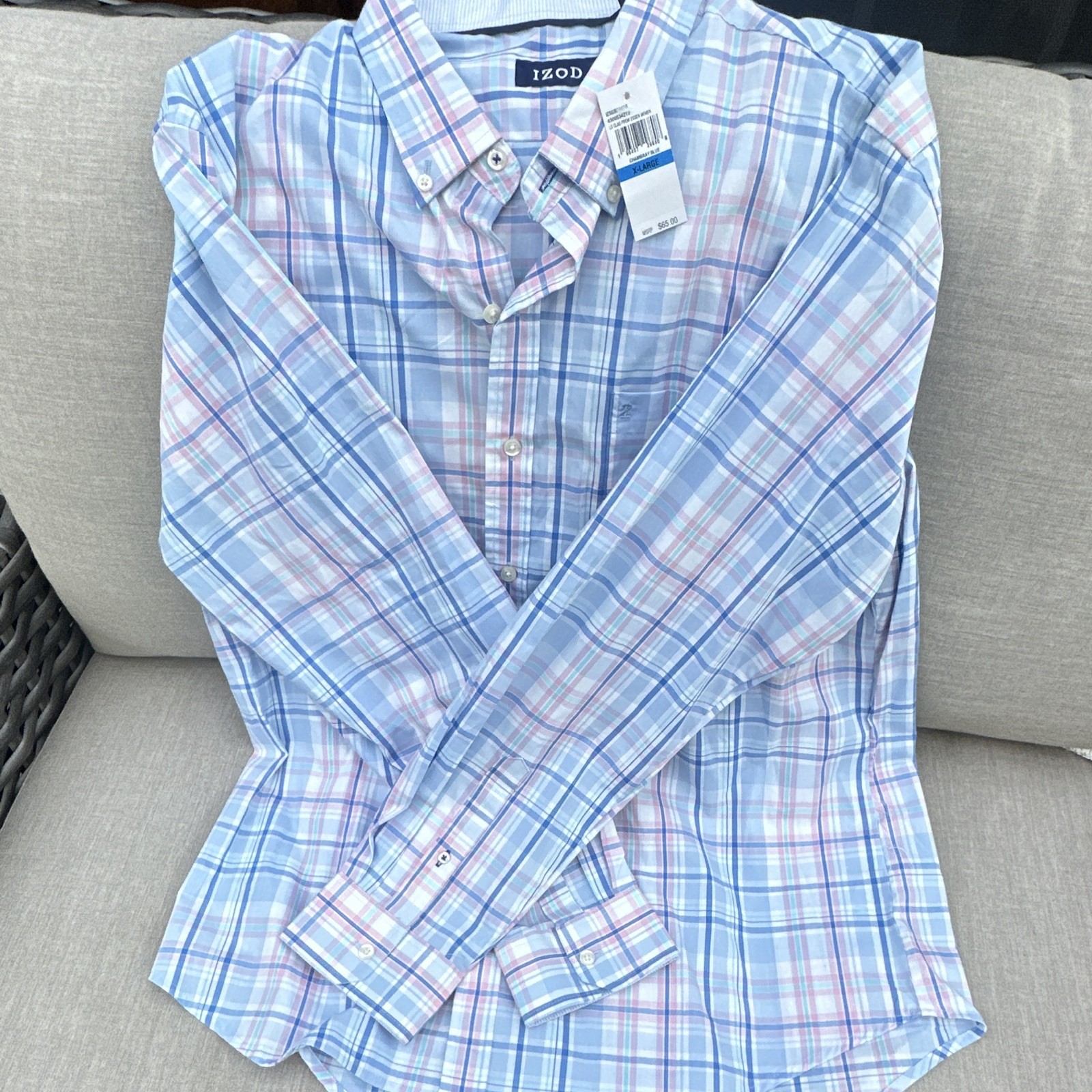 IZOD Men’s XL Blue Pink White Plaid Cotton Woven Long Sleeve Button-Down Shirt