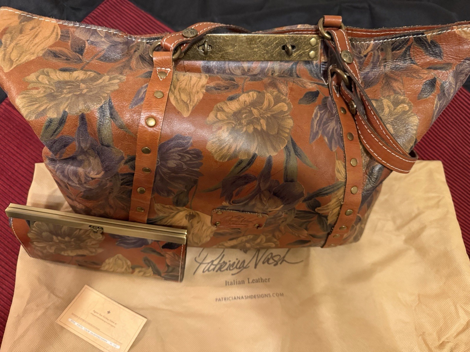 Patricia Nash Floral Large Tote Brown Multicolor Lined Inner Pockets Dust Bag