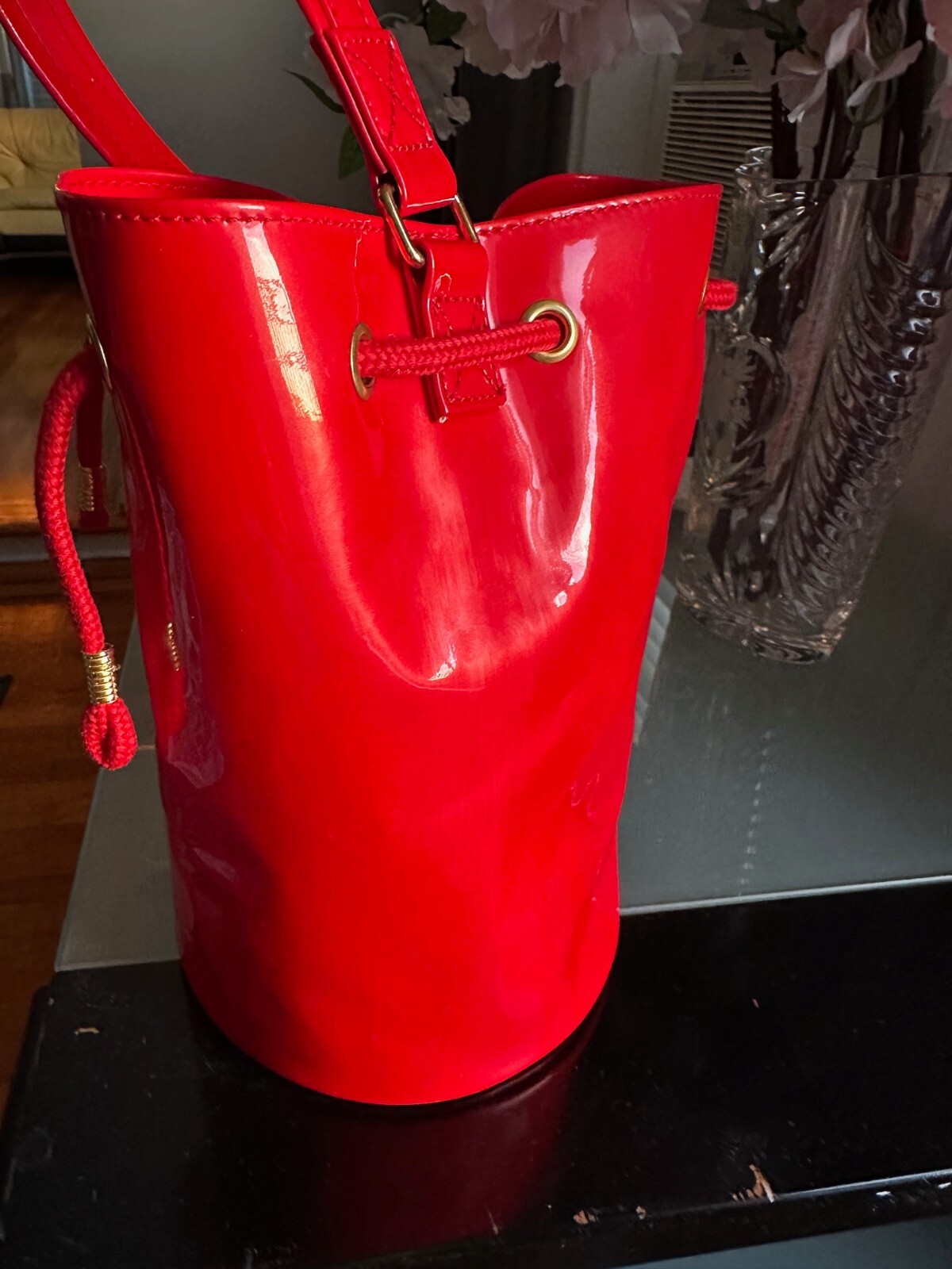 PRE-OWNED MOSCHINO BUCKET HANDBAG MADE IN ITALY BY REDWALL COLOR RED PVC PATENT