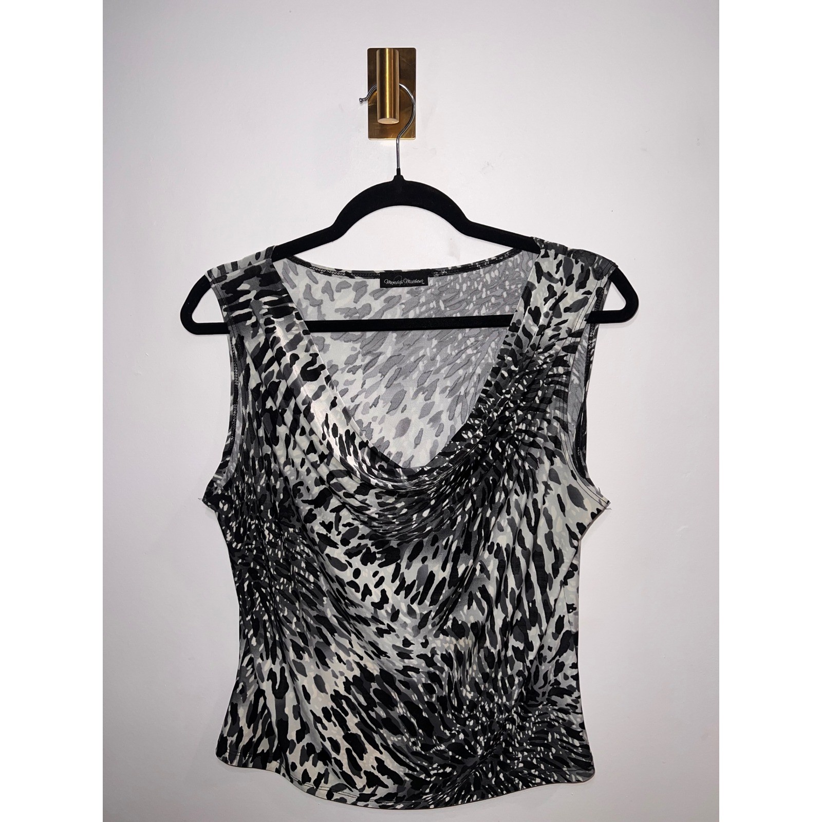Cowl Neck Abstract Animal Print Sleeveless Top Grey Black PXL