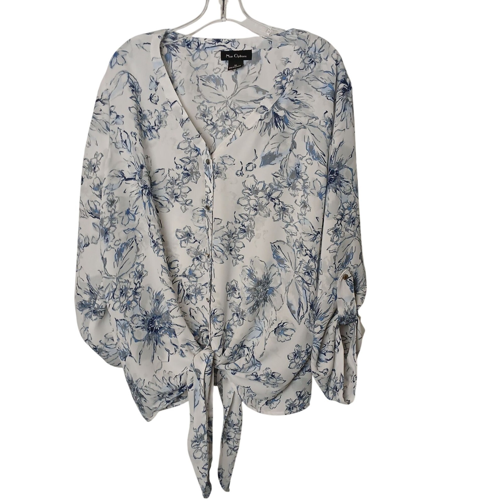 Nue Options Size 14 Blue Floral Button V-Neck Blouse Bottom Tie LS RollTab #D25