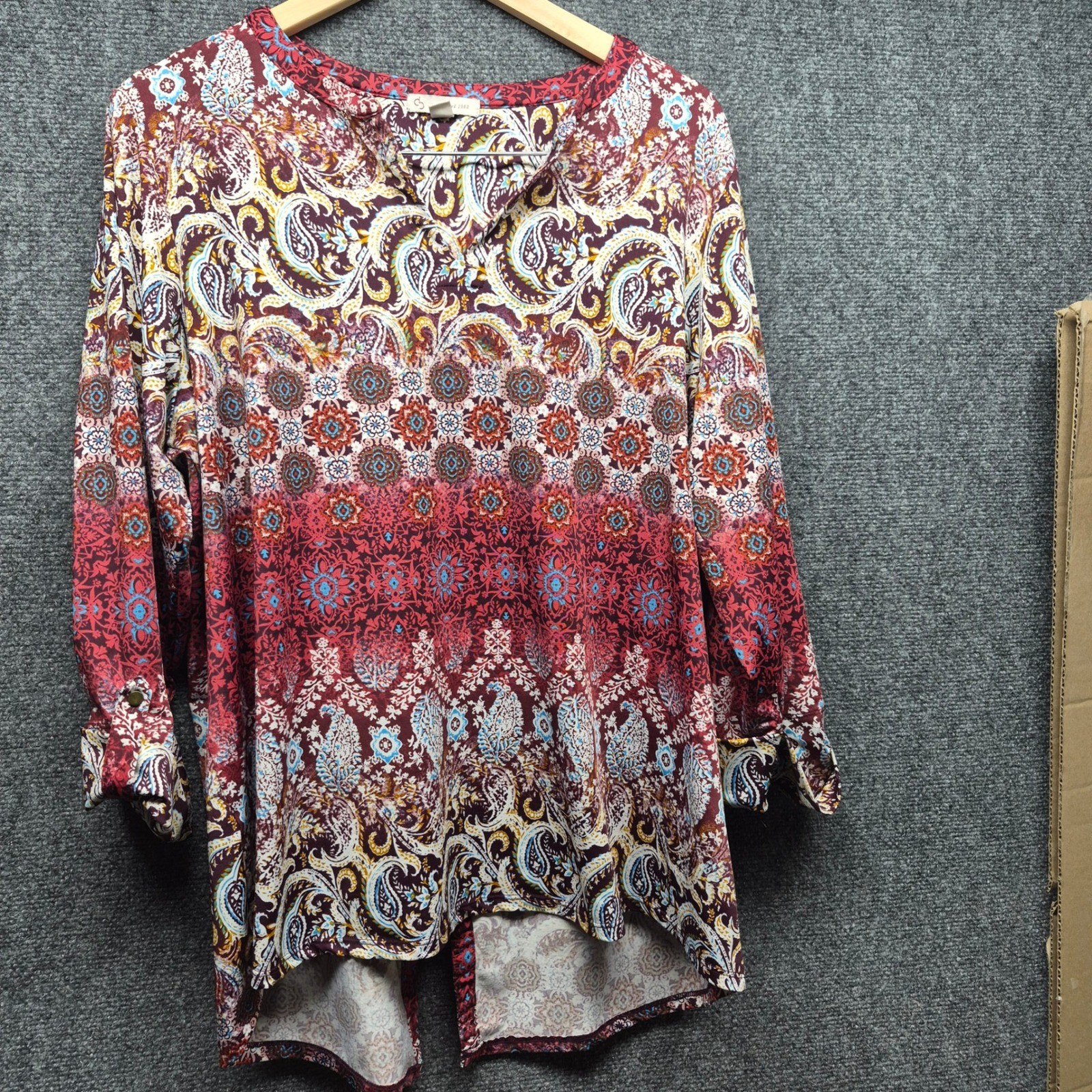 CB Established 1962 Womens 1X Paisley Roll Tab Sleeve Split Neck Tunic Top Red