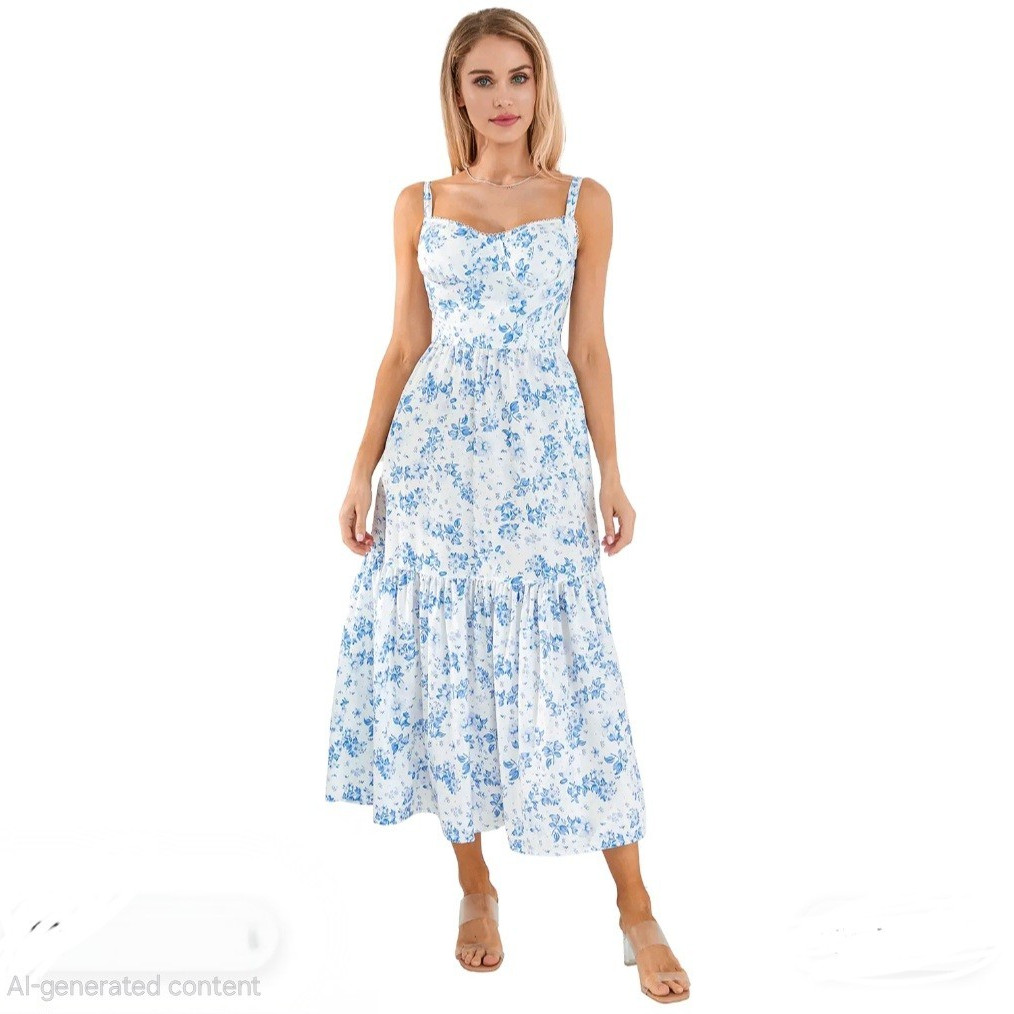 Women’s White/Blue Floral Sweetheart Strappy Ruffle Midi Sundress Size L