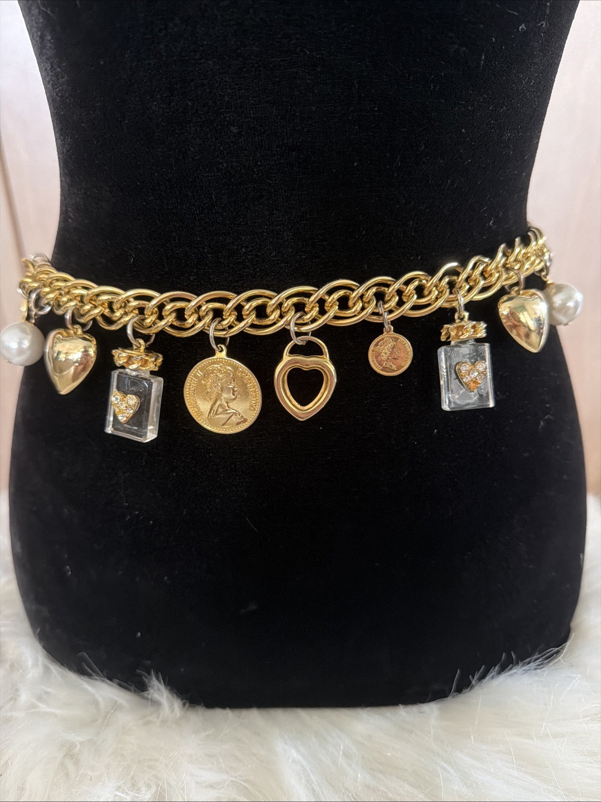 The Limited Vintage 90’s Gold Tone Charm Hearts Coins Perfume Chain Belt