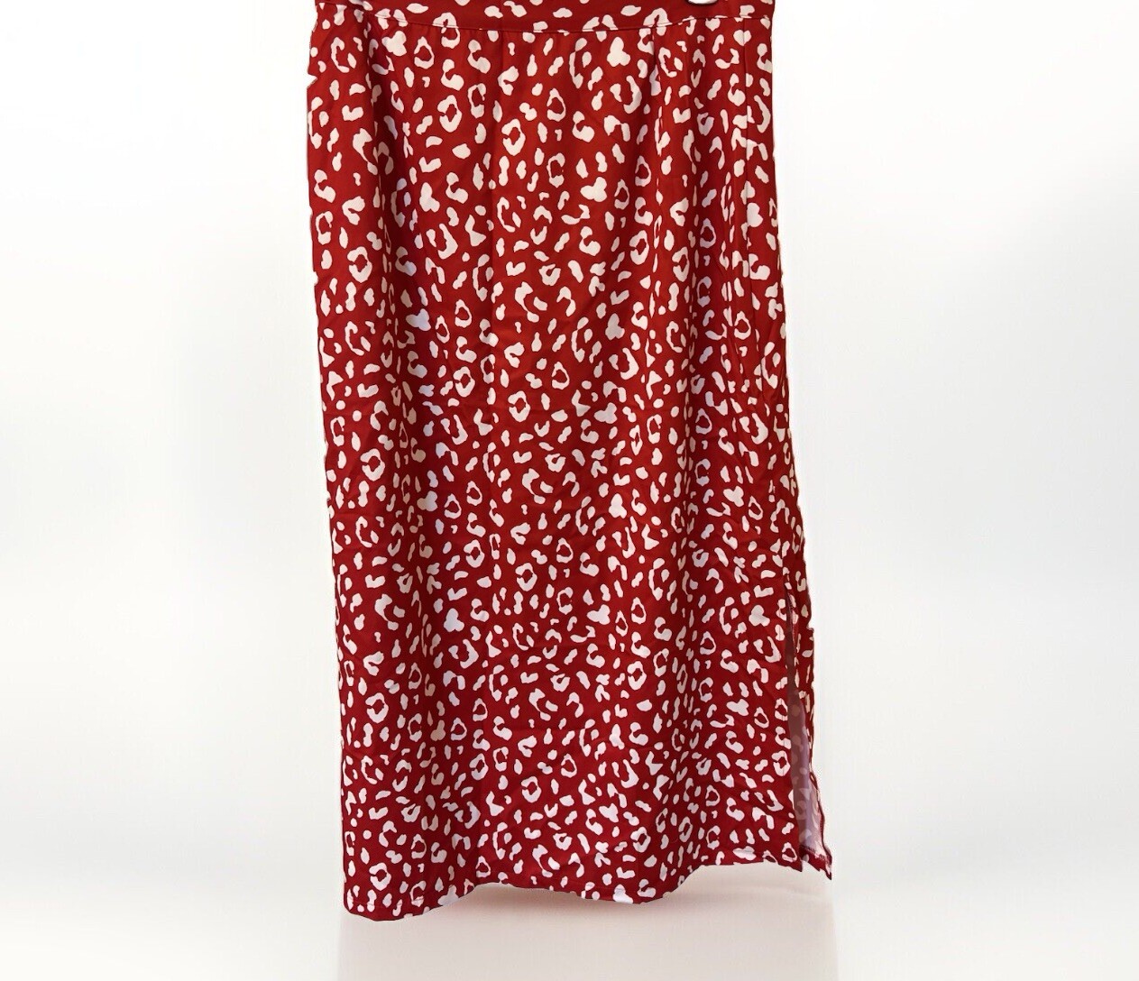 Lyaner Red Animal Print Patterned Satin Midi Skirt With Slit On Side, Size L