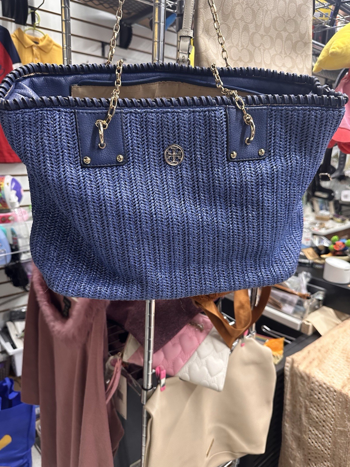 Tory Burch Vintage Woven Basket Bag Large Tote Chain Shoulder Used From Japan