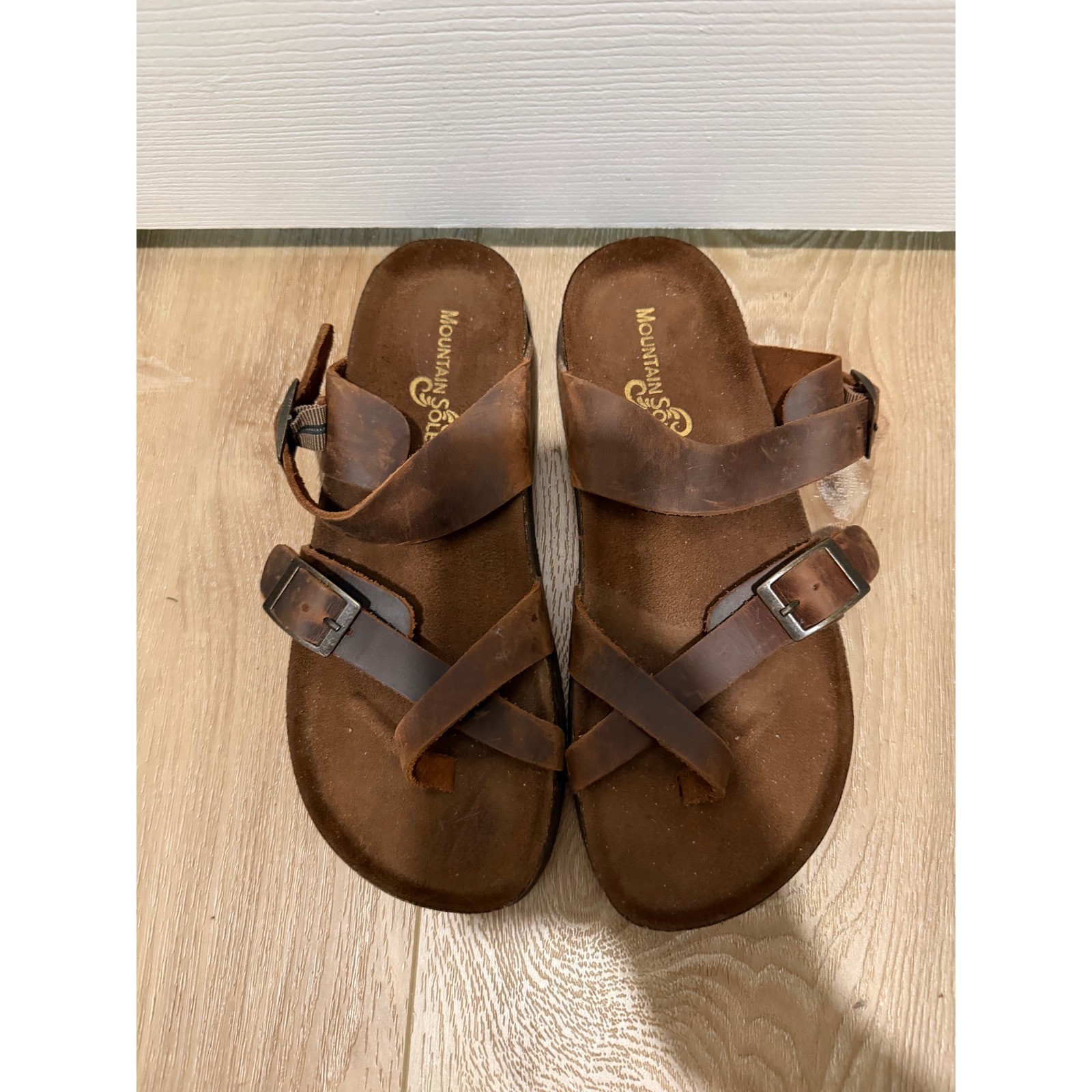 Mountain Sole Brown Leather Slide Sandals Cork Footbed Buckle Straps Boho Womens