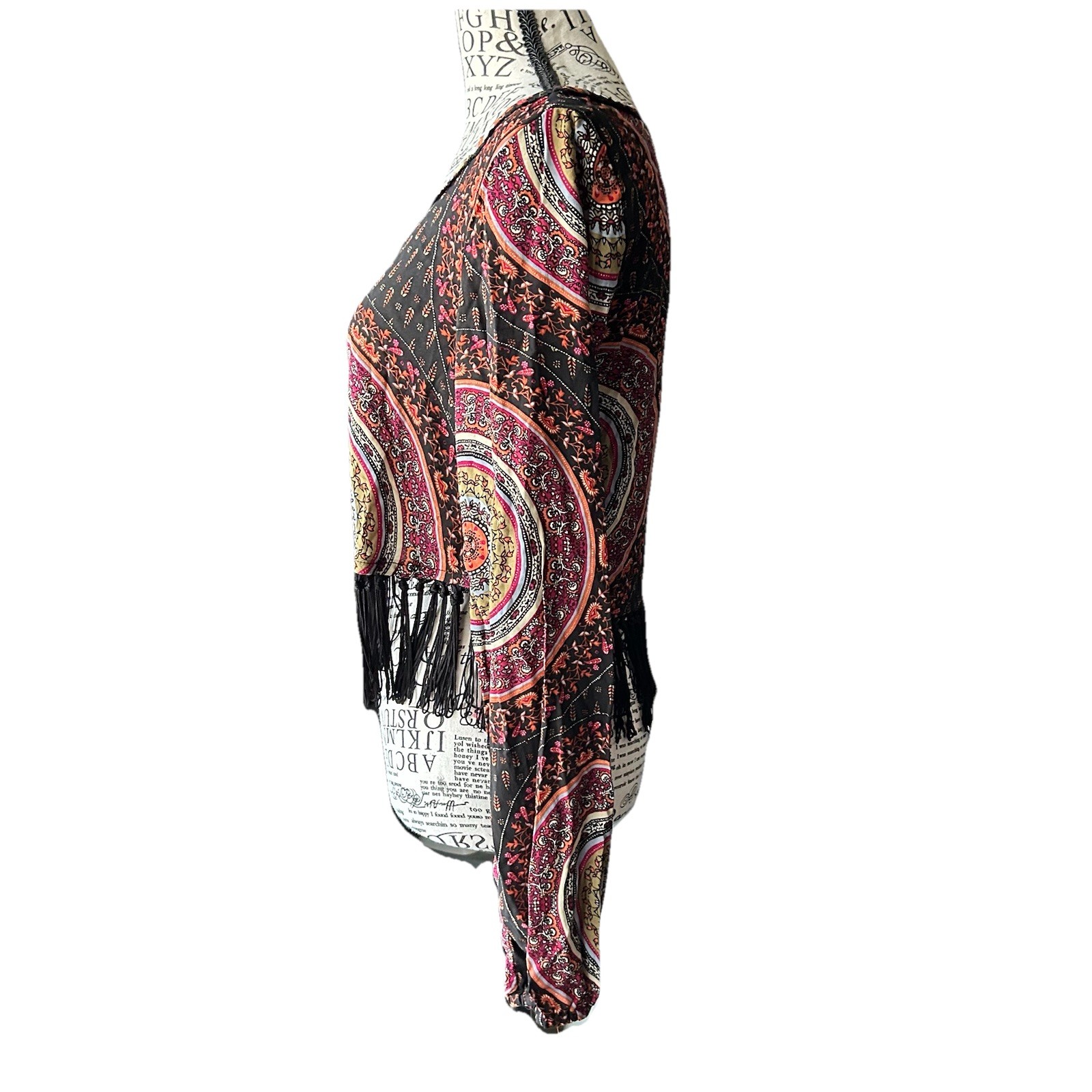 Gypsy Warrior Mandala Black Fringe Cropped Hippy Boho Festival Beach Multicolor