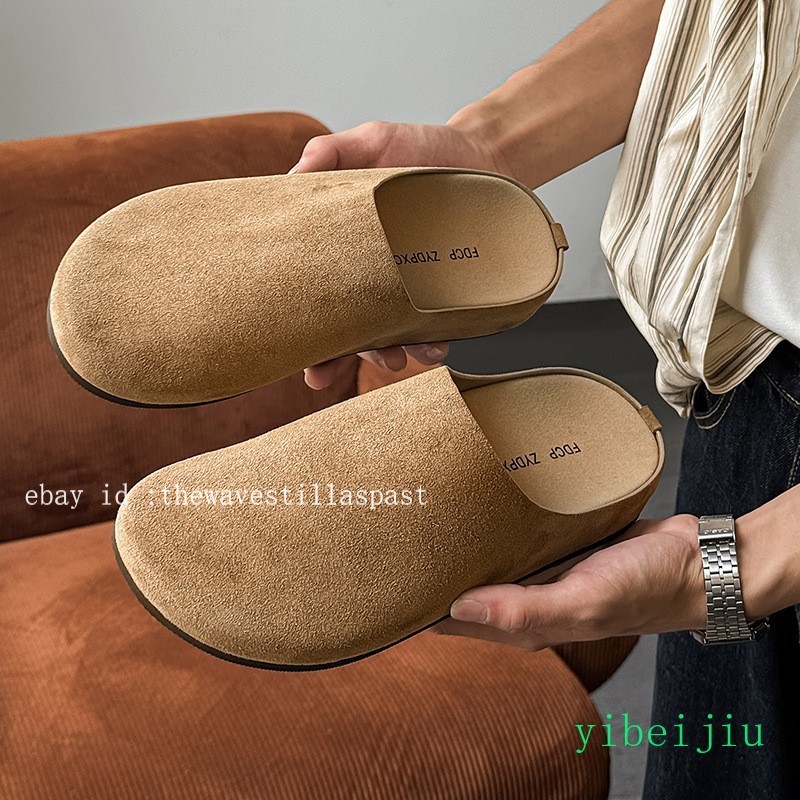 Mens Suede Mule Slip-On Clogs Casual Round Toe Slippers Flat Loafers Shoes Wide