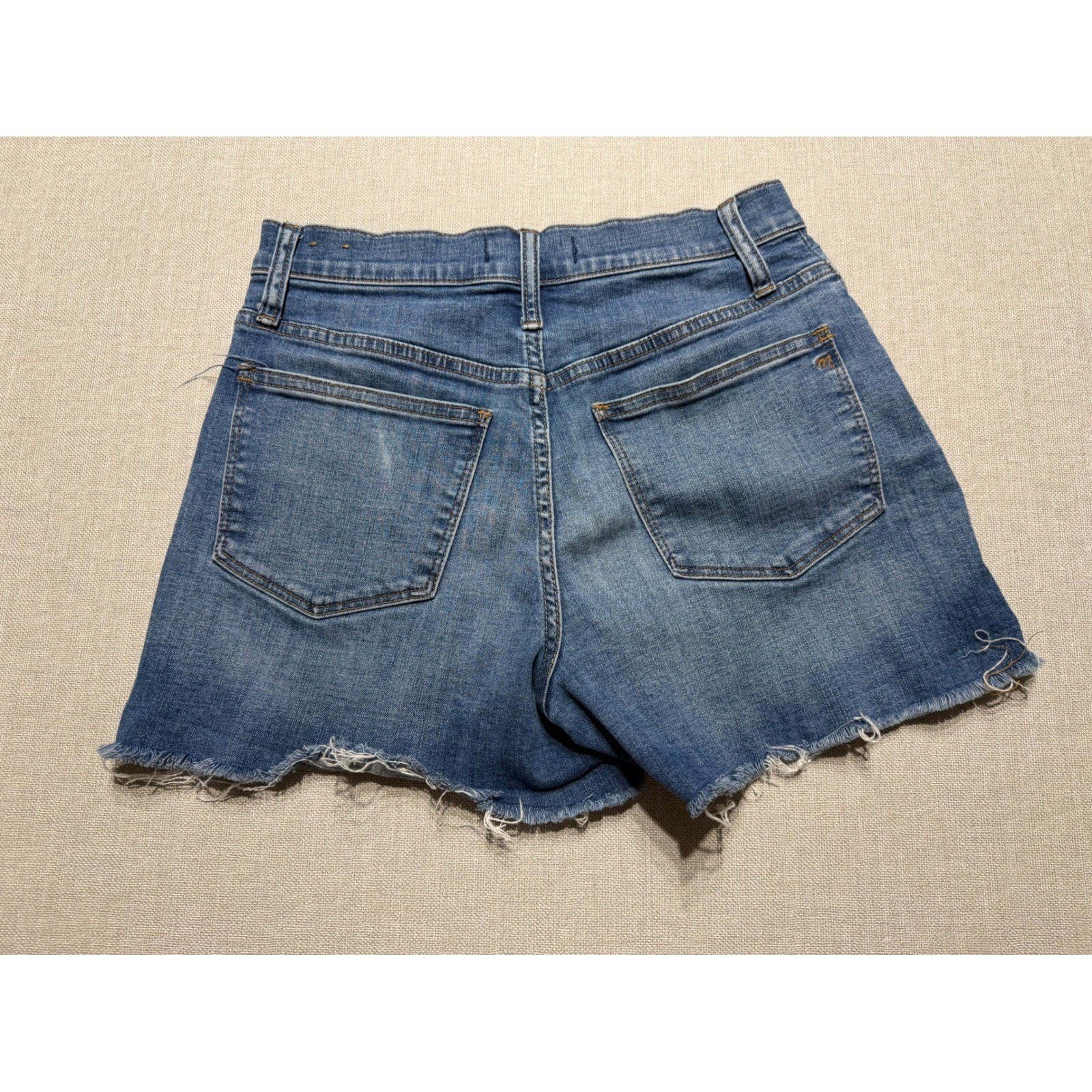 Madewell High-Rise Denim Shorts Size 26 Blue Button Fly Raw Hem Frayed Med Wash