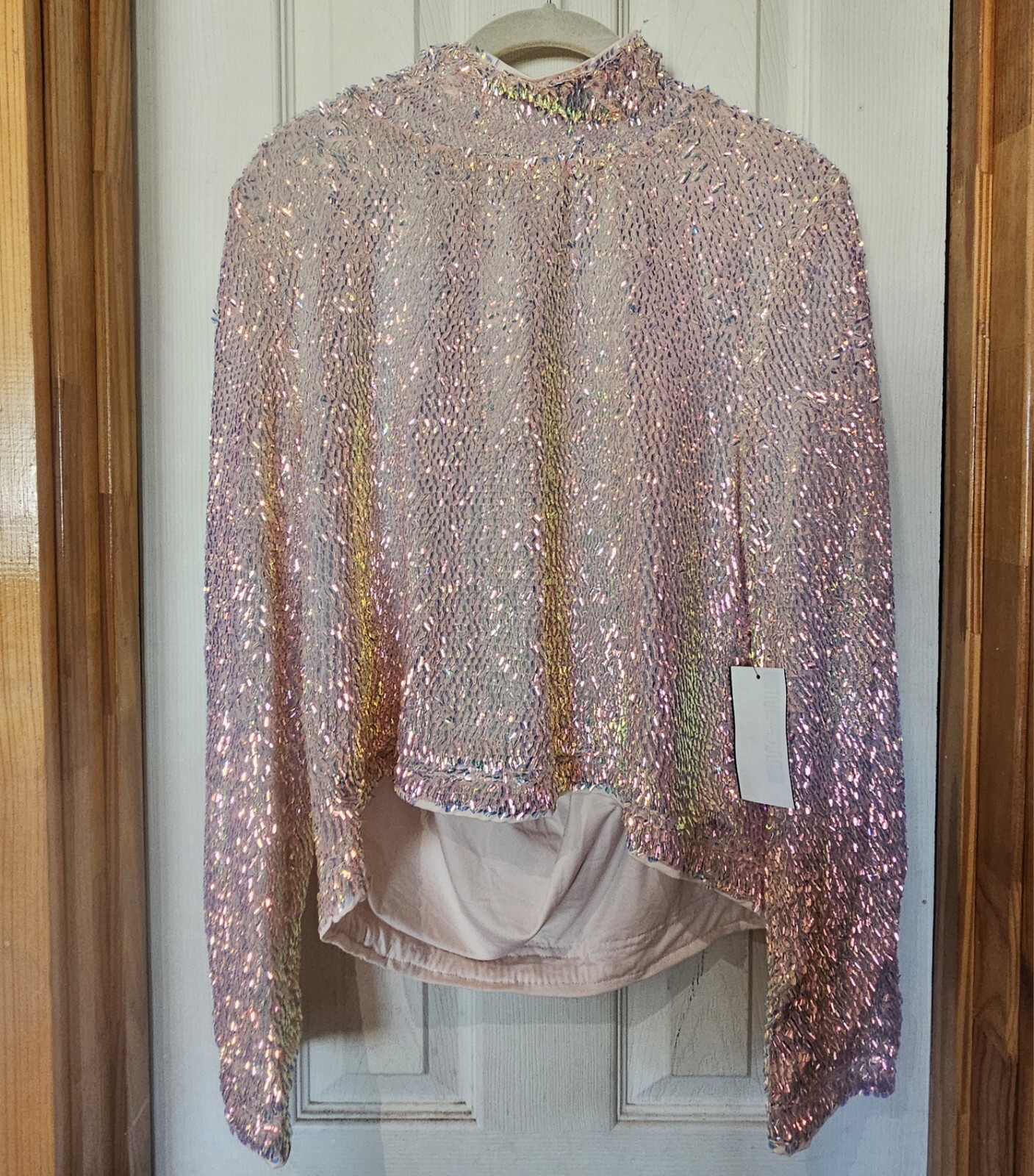 ASTR The Label Iridescent Pink Sequin Mock Neck Open Back Blouse Sz Large NWT