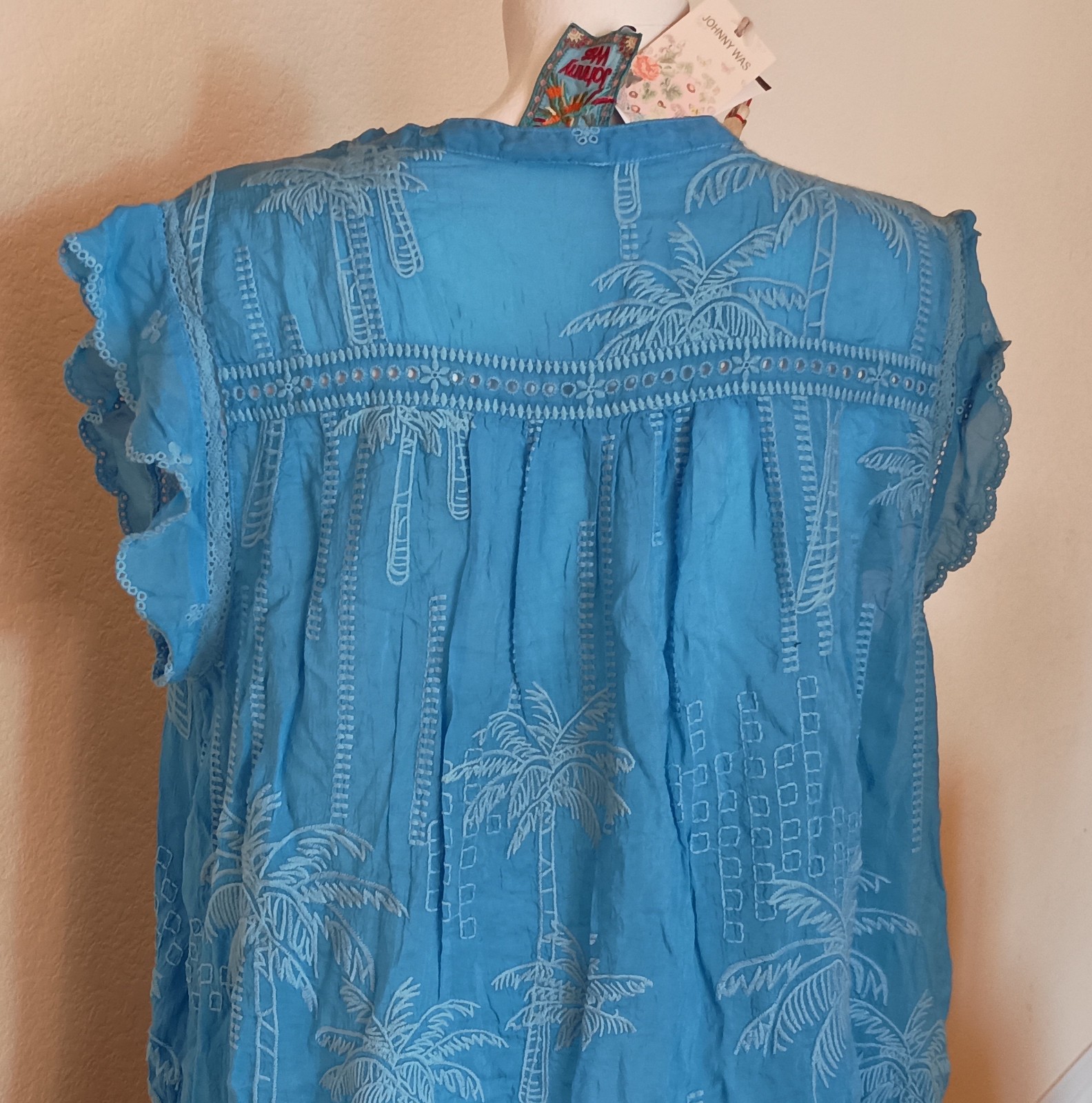 NWT JOHNNY WAS Azure Blue Palm Oriana Eyelet Lace Tunic SZ L