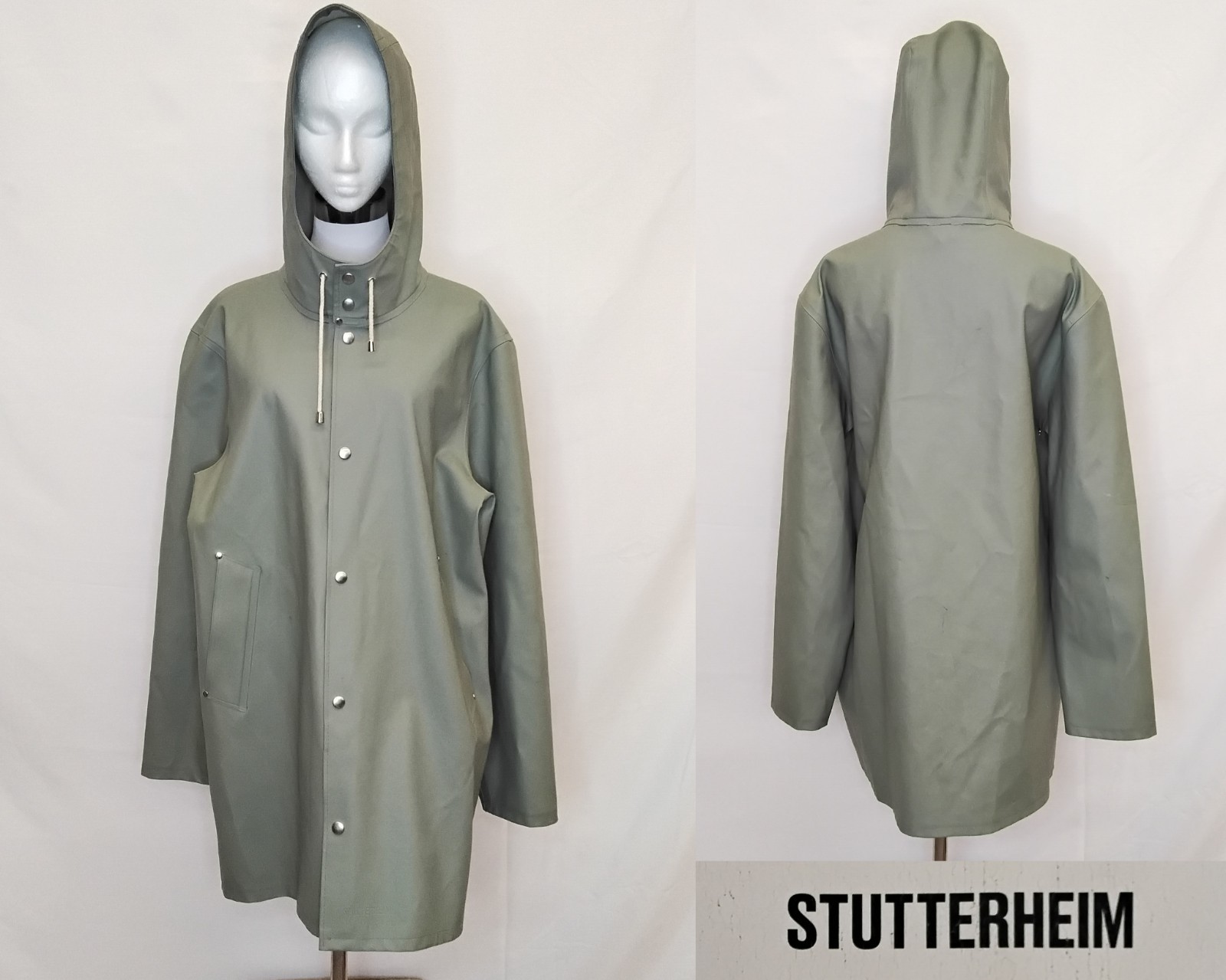 Stutterheim Raincoat Women’s Large Sage Green Long Hooded Pockets #Z5781