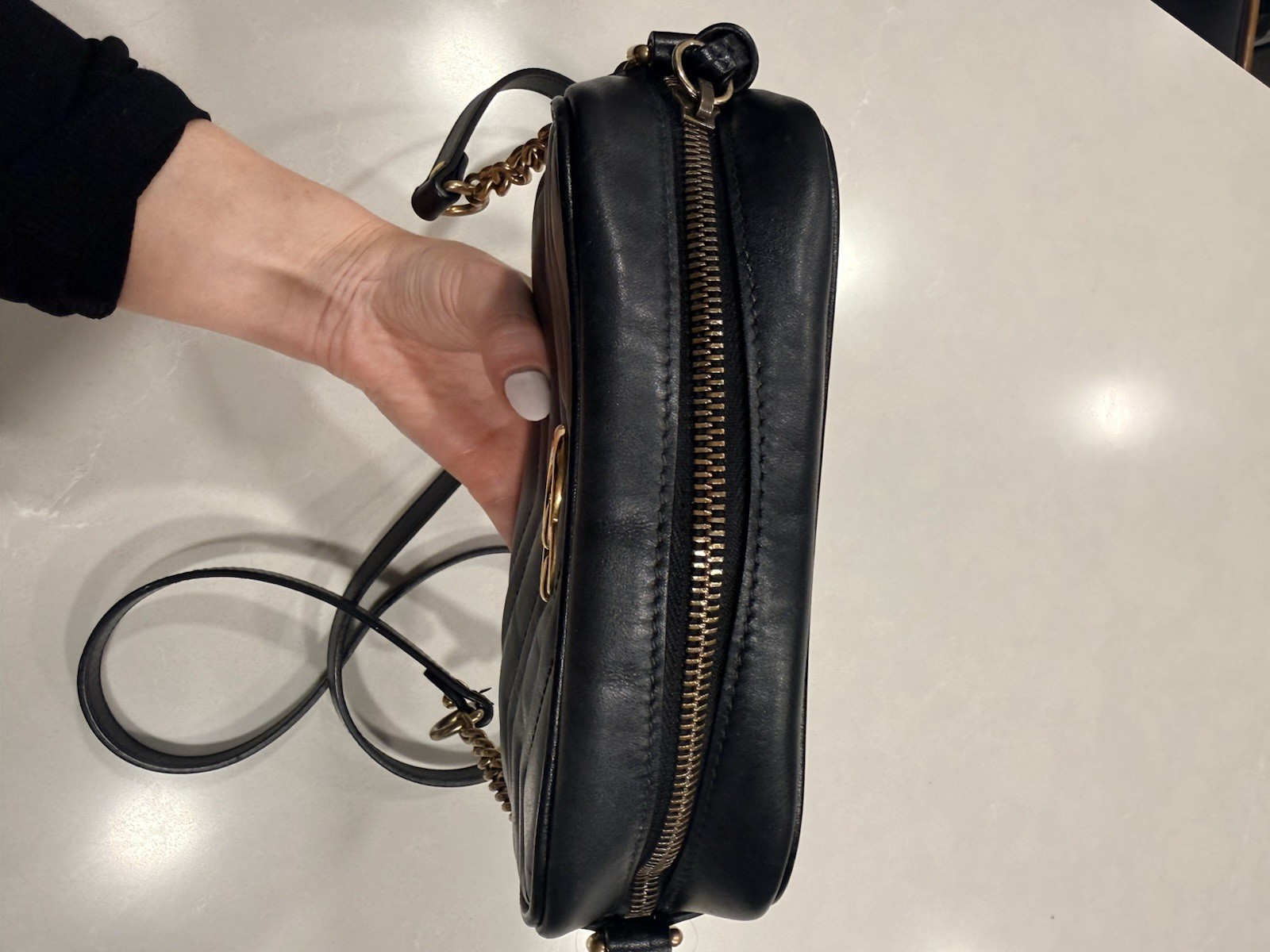 Gucci GG Marmont Mini Camera Bag Black Quilted Zip Crossbody Chain Strap