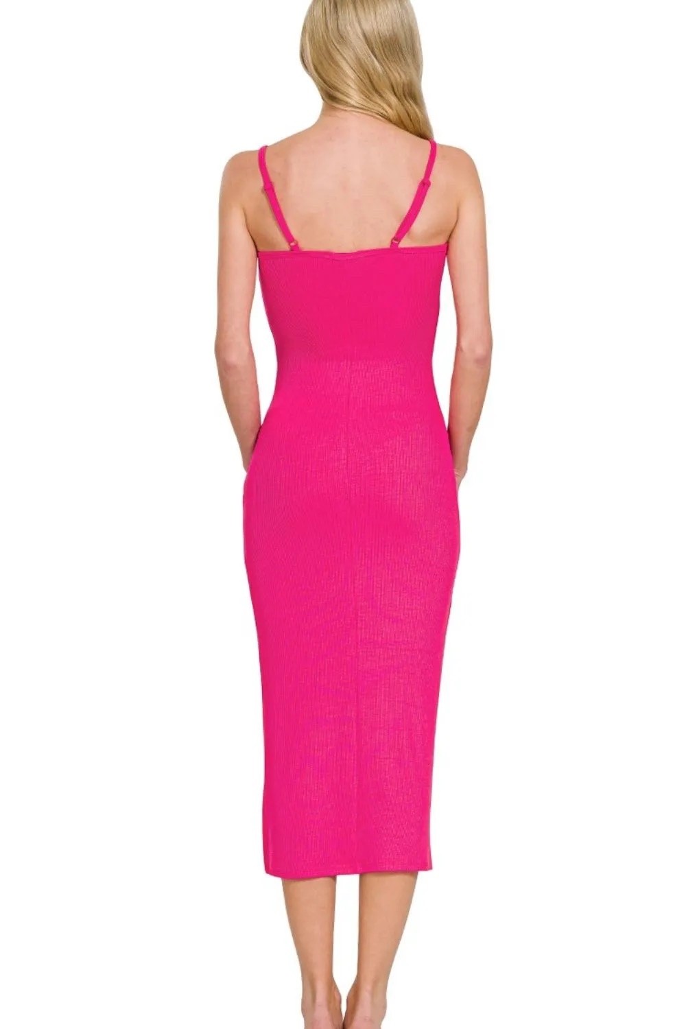 New Zenana Ribbed Bodycon Midi Long Dress Hot Pink Form Fitting Stretchy Small