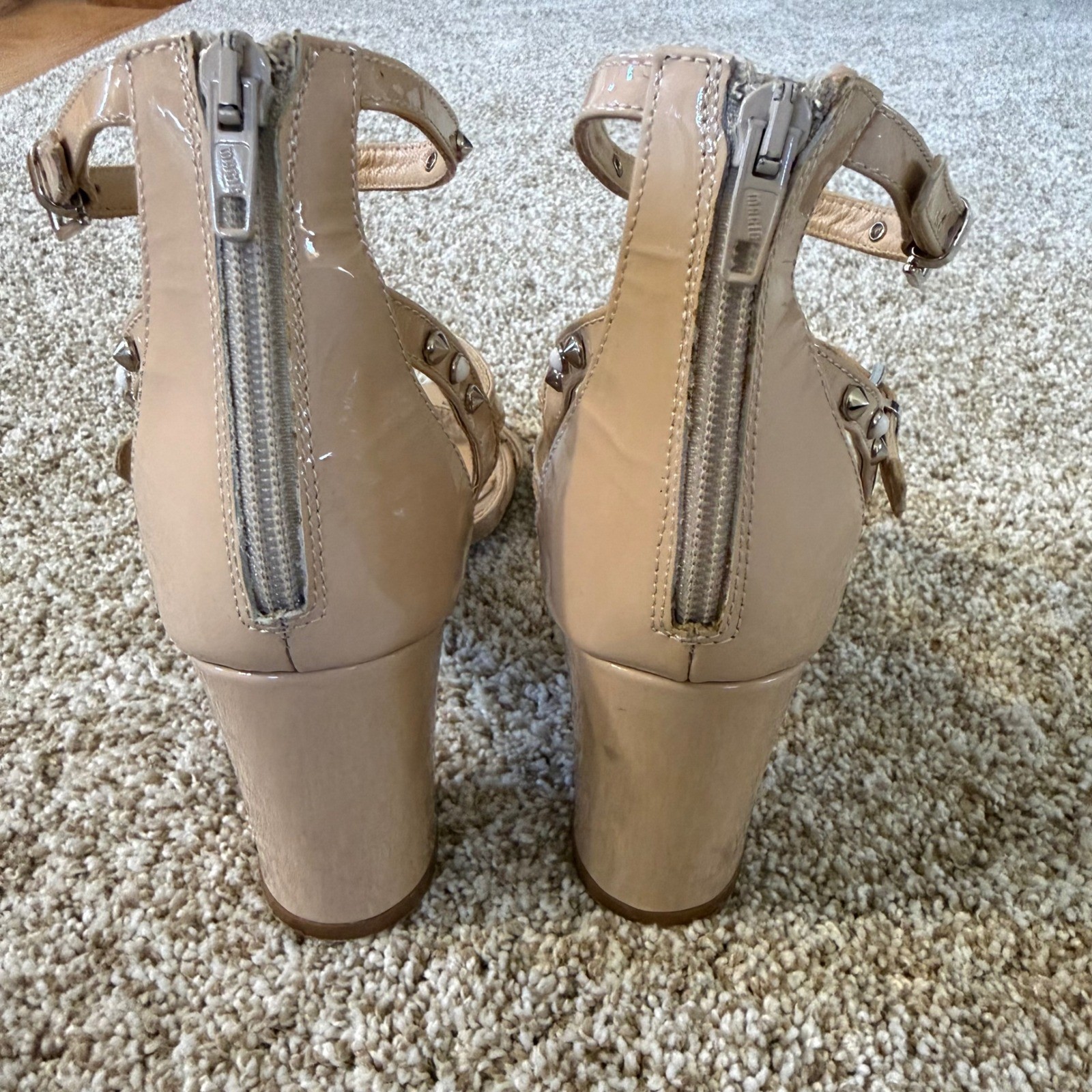 Napoleoni Italy Nude Patent Leather Studded Gladiator Block Heel Sandals EU 38