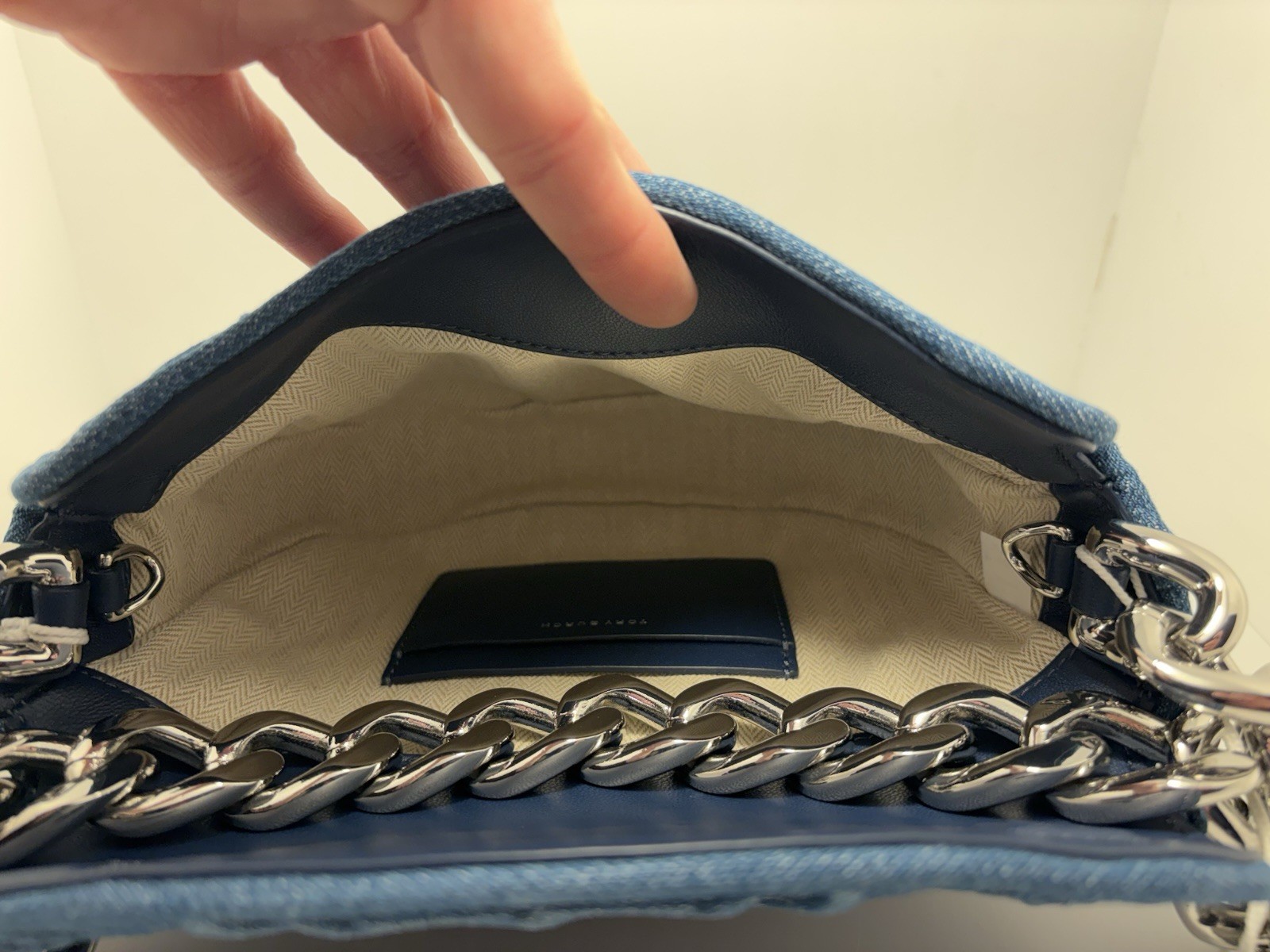 Tory Burch Fleming Mini Crescent Bag Denim Blue Silver Chain Strap NWT $498