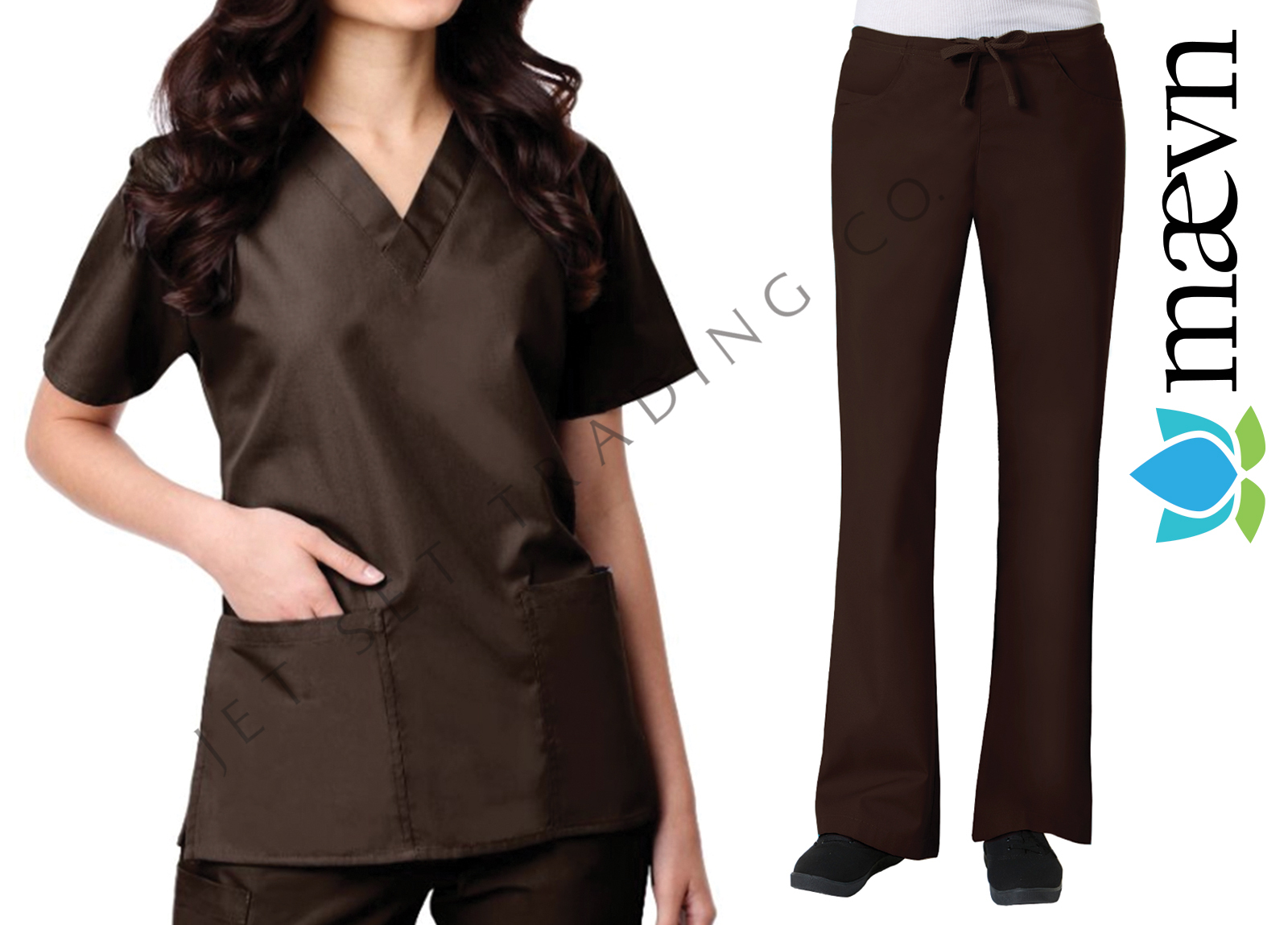 Maevn Women’s Chocolate Scrub Set 2 Pocket Top Flare Leg Pants Sizes 2XS to 2XL