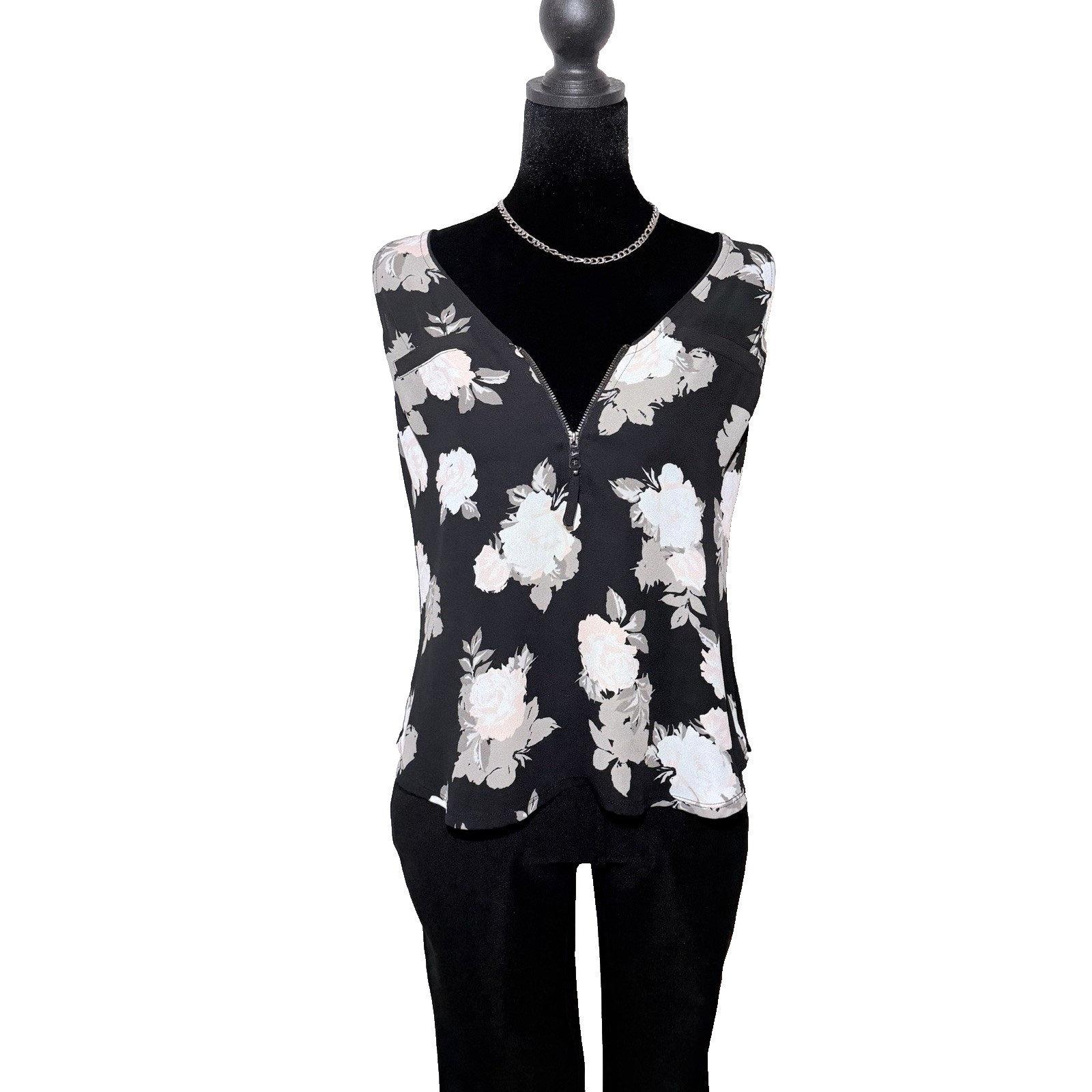 Candies Women’s Blouse Top Black Floral Sleeveless 1/4 Zip Stretch Size XS