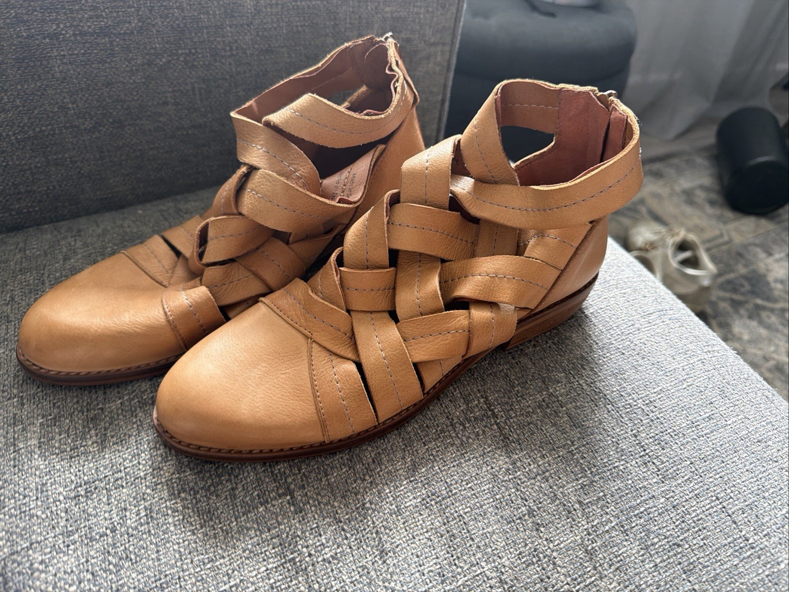 Fishermen Anthropologie Woven Leather Ankle Boots Tan Spain EU 38 Artisan Boho 8