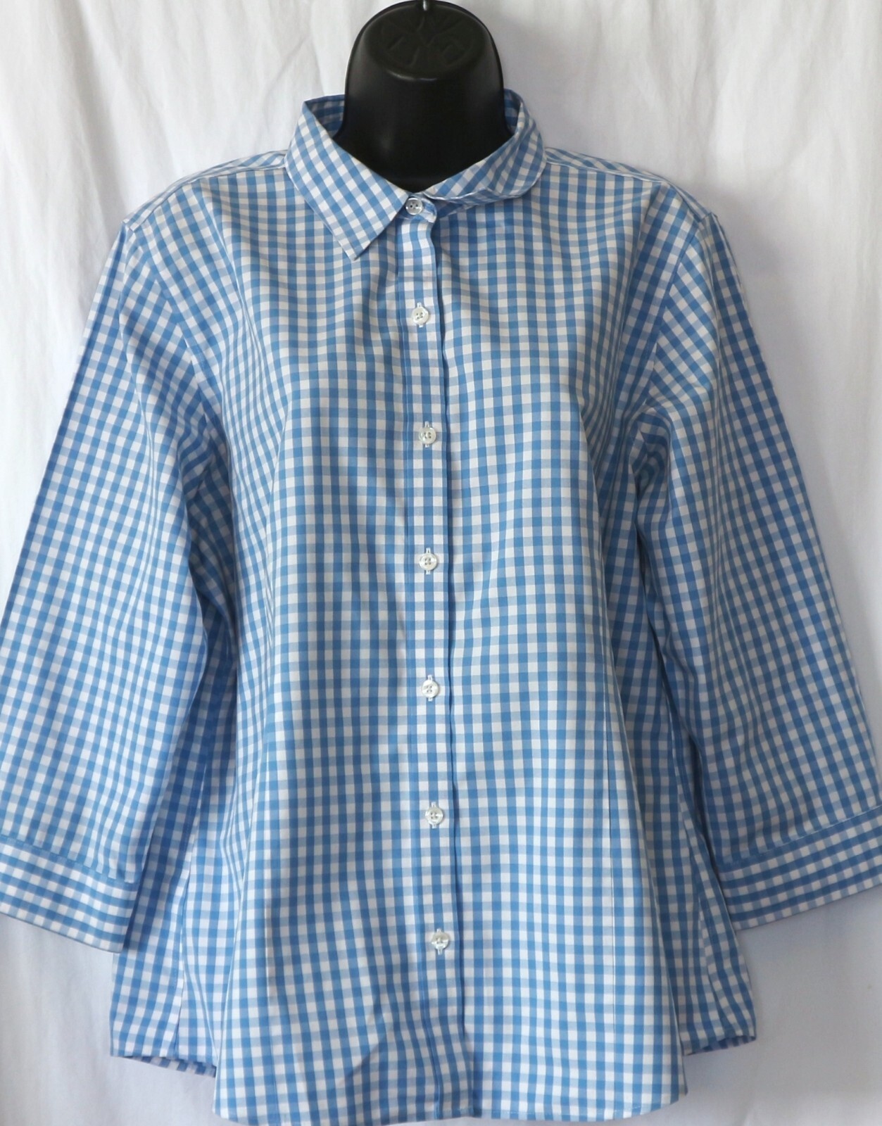L.L. BEAN Blue Checked No Iron Blse 3/4 Slvs 46 In Chest 26.5 In Long Sz L EXC