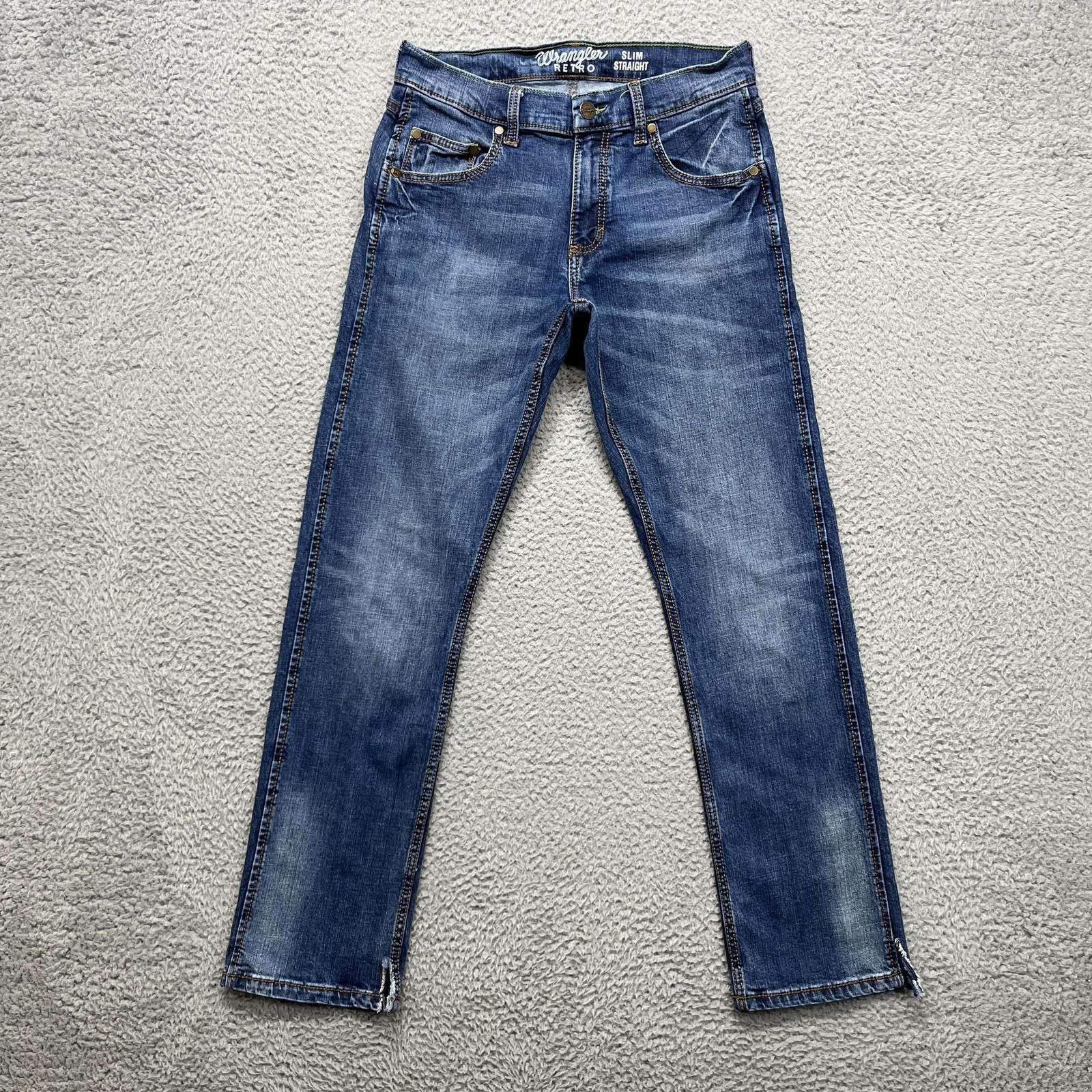 Wrangler Retro Slim Straight Jeans Mens 30×32 Blue Medium Wash Stretch Denim