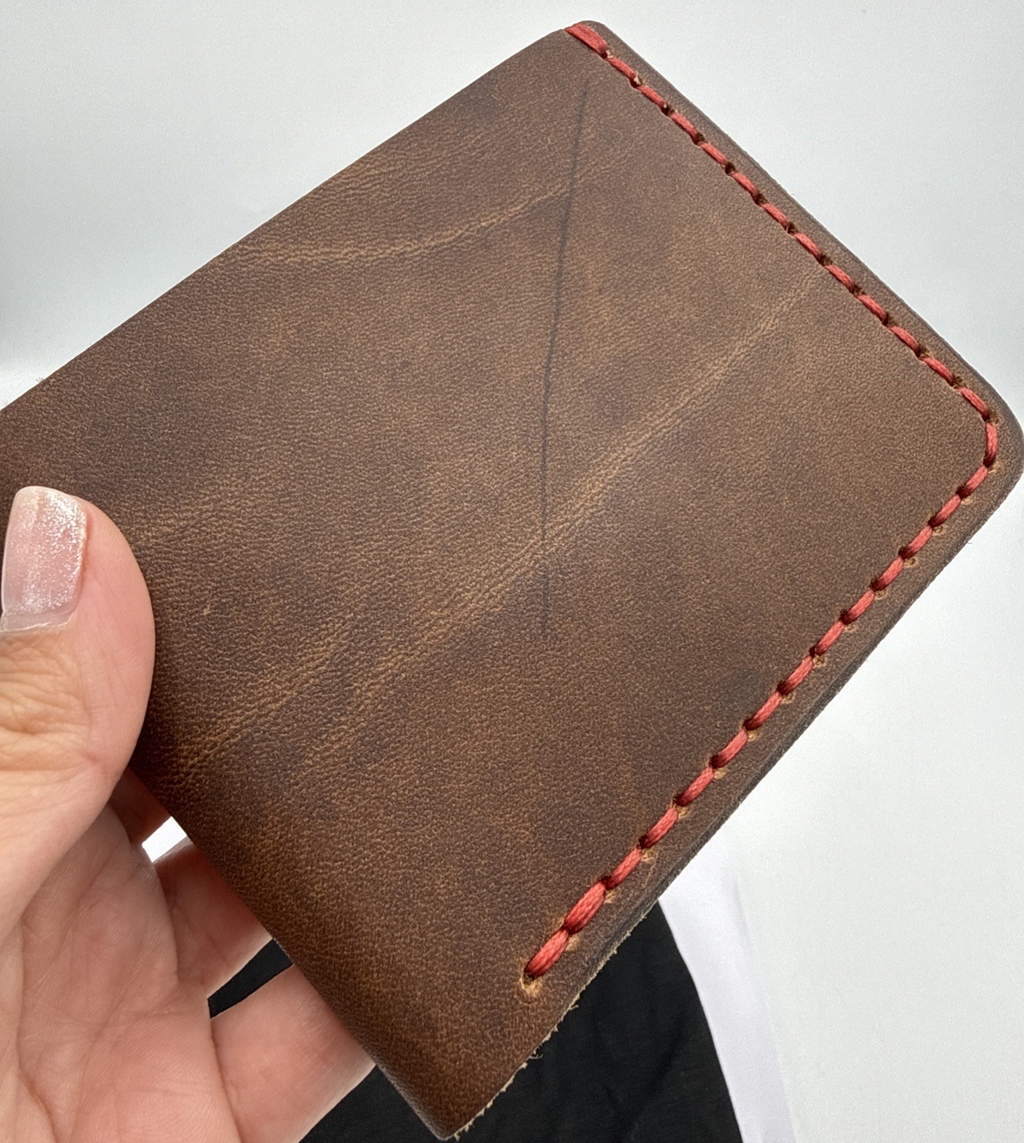 Popov Traditional Leather Bifold Wallet, Heritage Brown/Red Thread 4.3”x3.5”