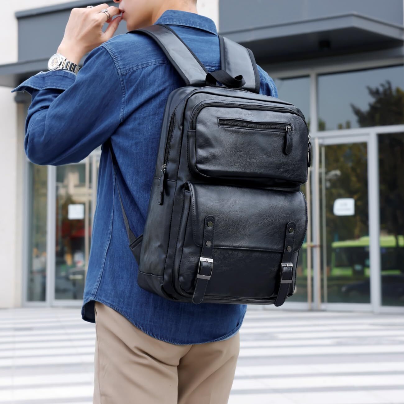 PU Casual Backpack Men’s casual Leather laptop backpack Daily commuter leathe…