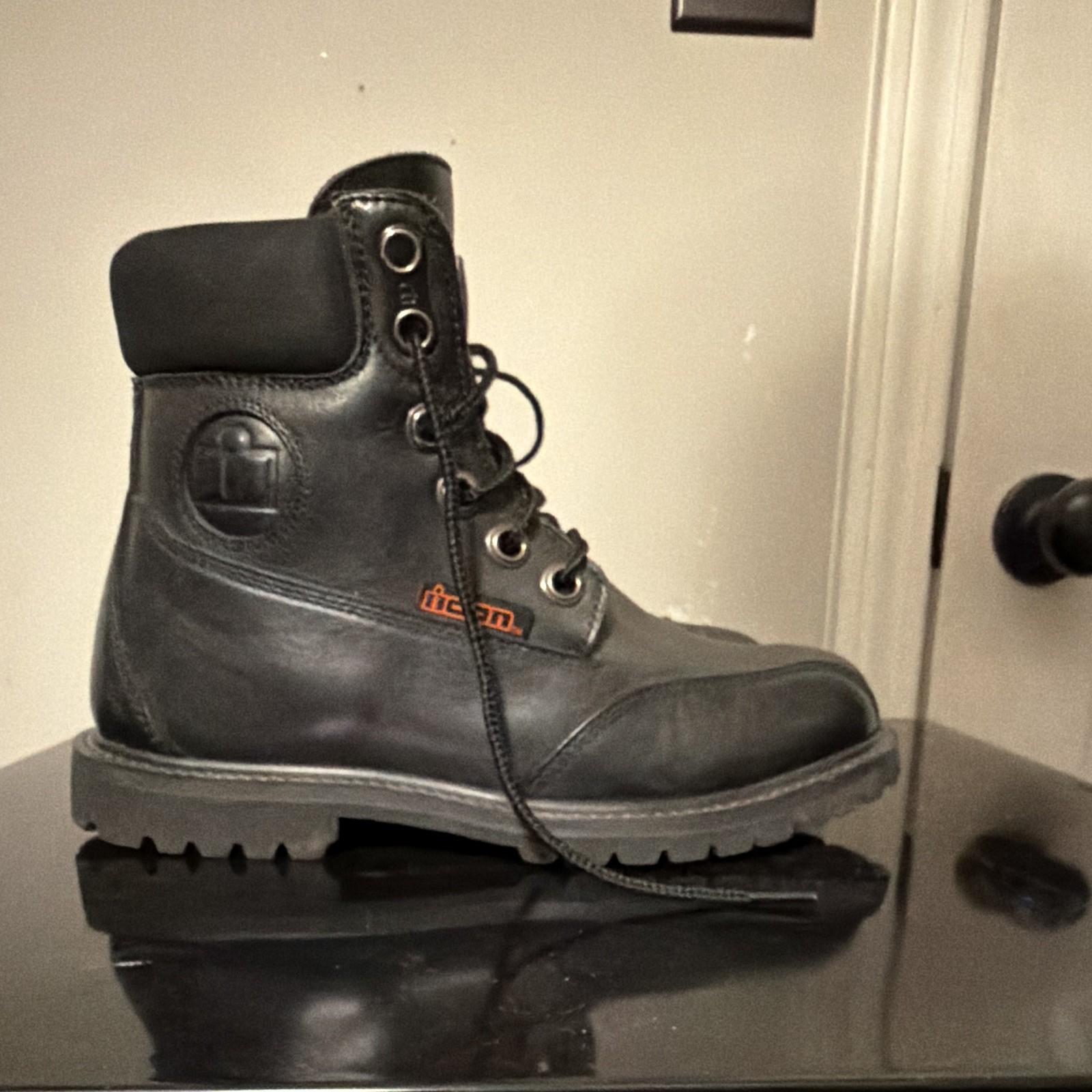 Icon Black Leather Lace-Up Ankle Combat Boots Round Toe Logo US 8 M