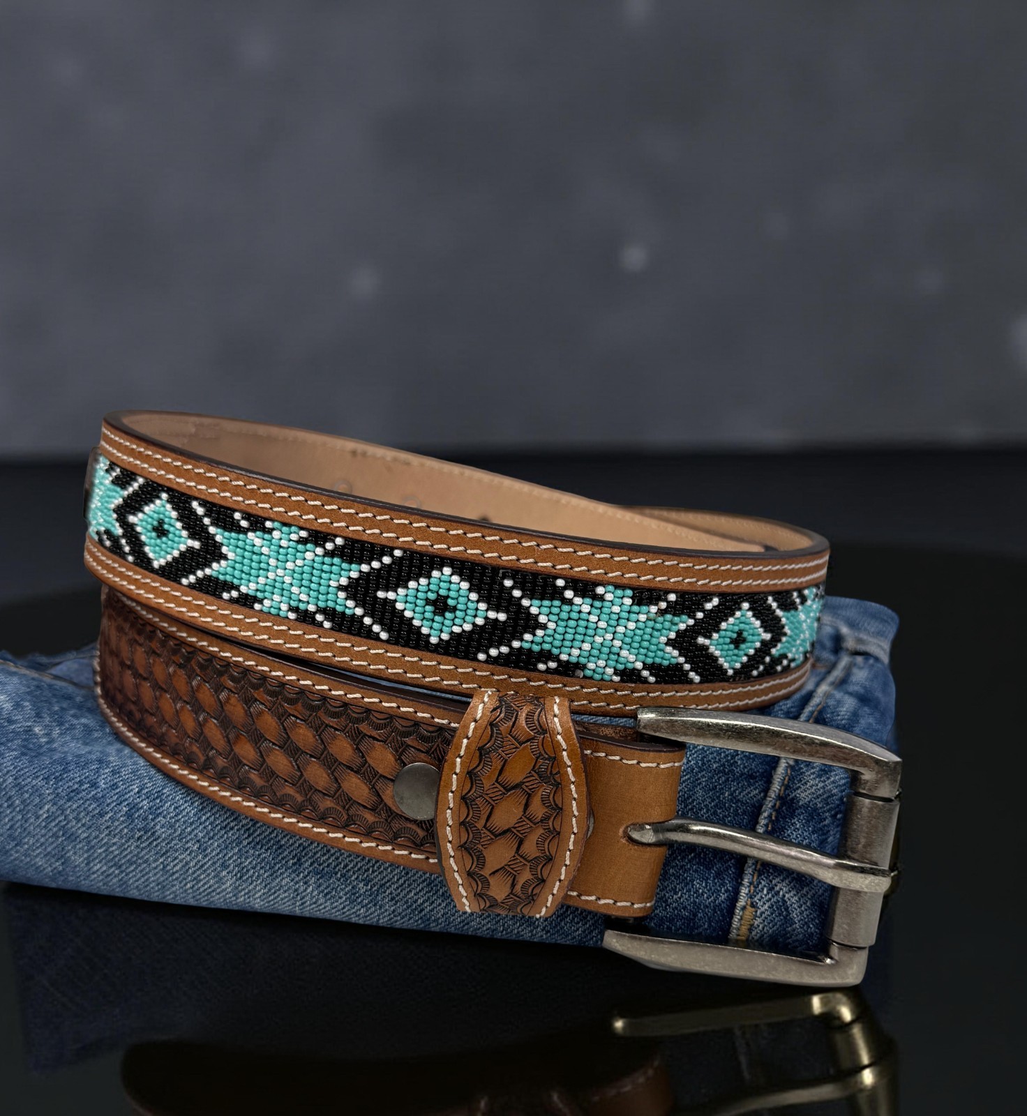 Full Grain Leather Hand Tooled Western Belt Cowboy Rodeo Beaded Removable Buckle