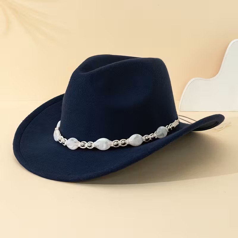 Navy Blue Western Cowboy Cowgirl Hat Pearl Beaded Hatband Rodeo Ranch Festival