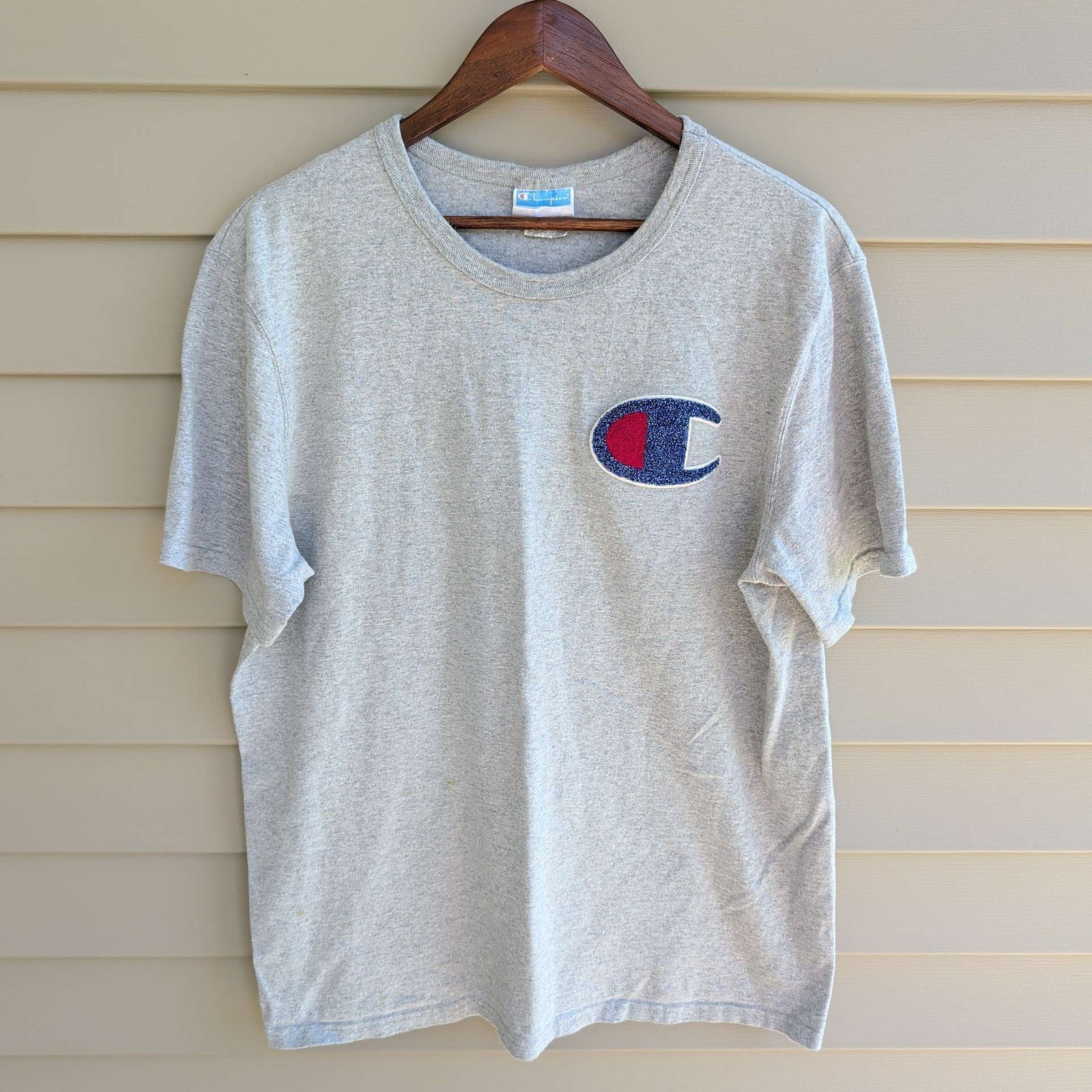 Champion T-Shirt Mens Large Gray Chenille Big C Logo Graphic Tee GT19