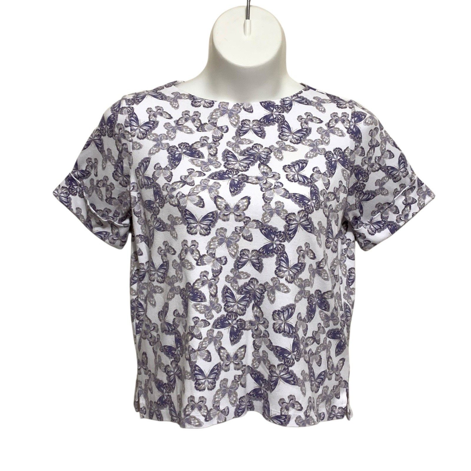 Hasting & Smith Top Women’s Large White Purple Butterflies Short Cuffed Sleeves