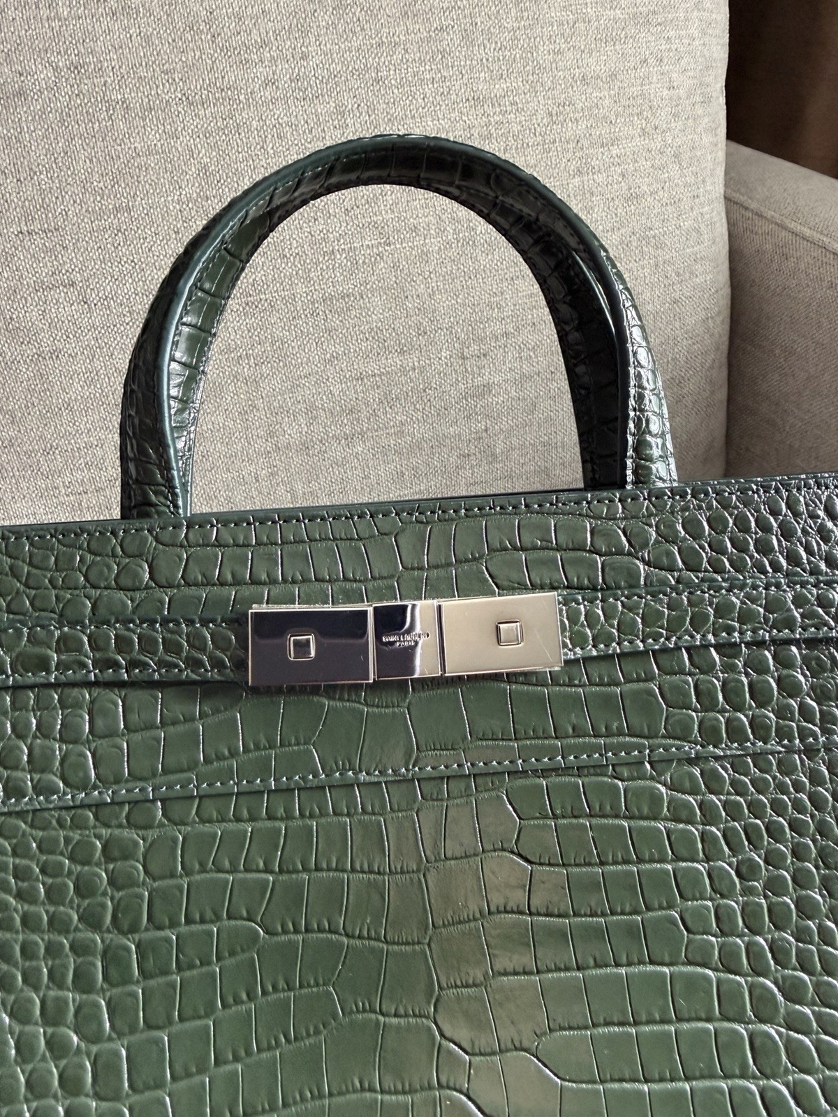 SAINT LAURENT Small Manhattan Green Silver Embossed Leather Bag Shoulder Strap