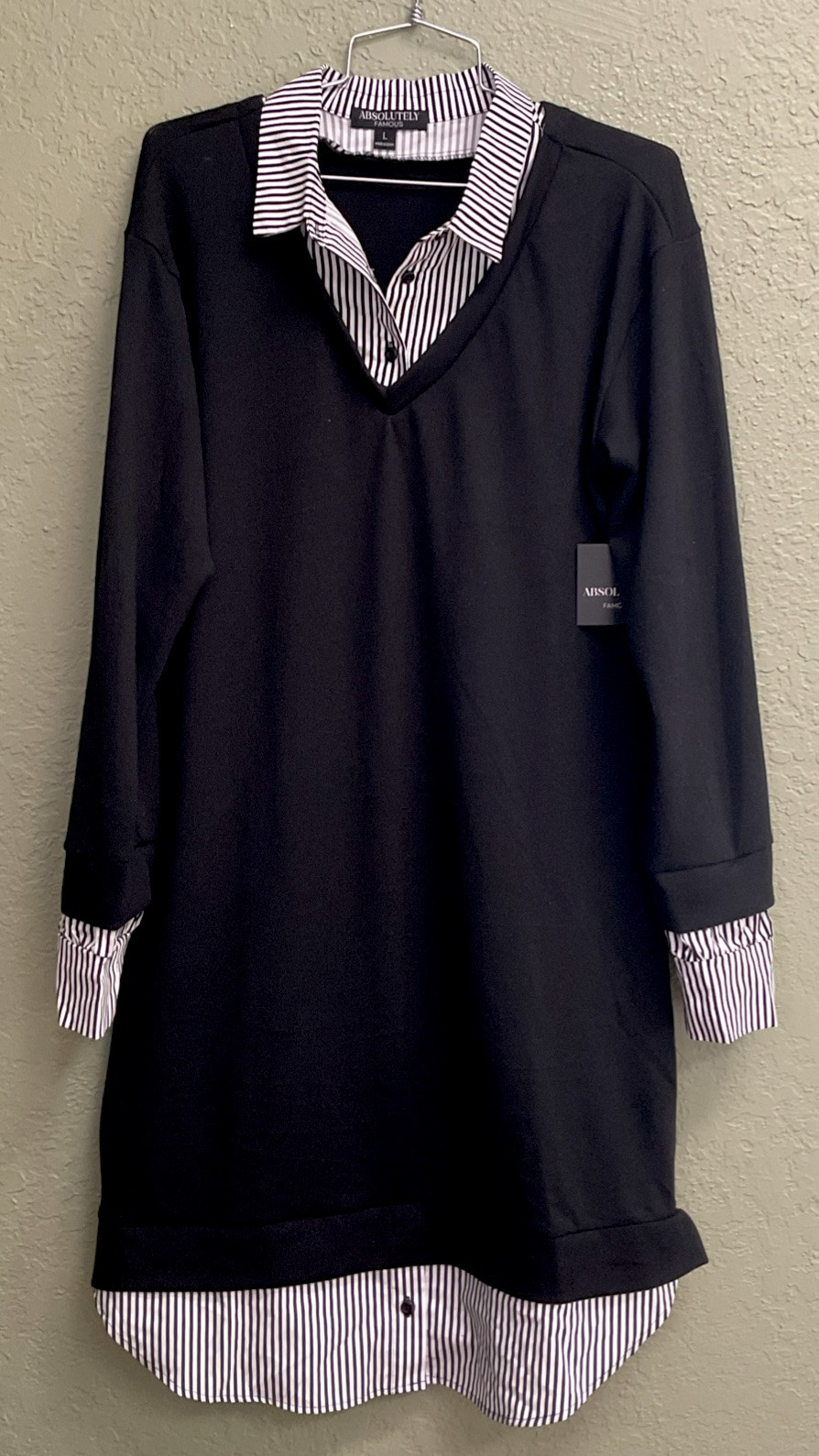 NEW Absolutely Famous Size L Striped Layered Look Black Sweater Dress