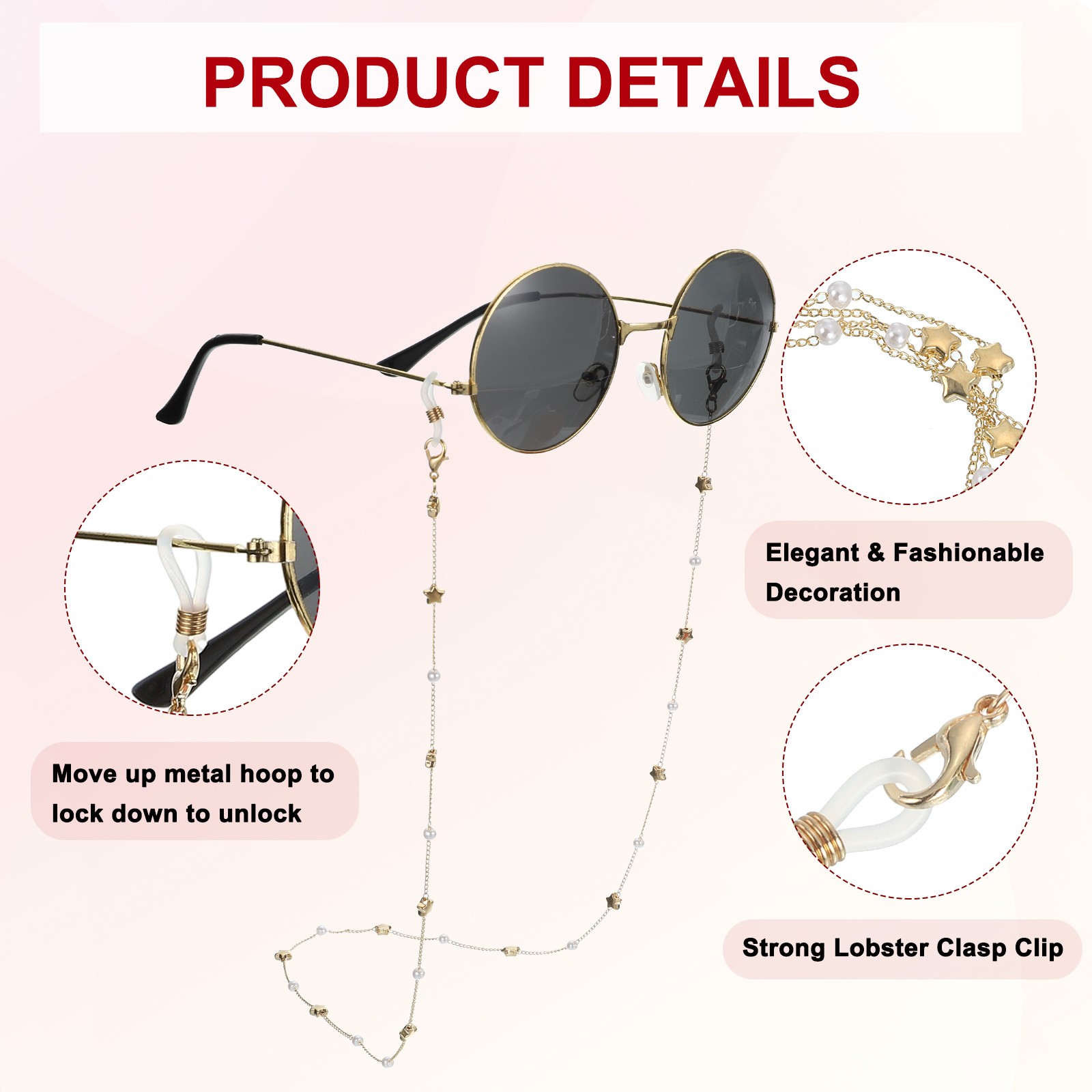 Beads Eyeglass Chain Pearl Glasses Strap Retainer Chain Golden Star