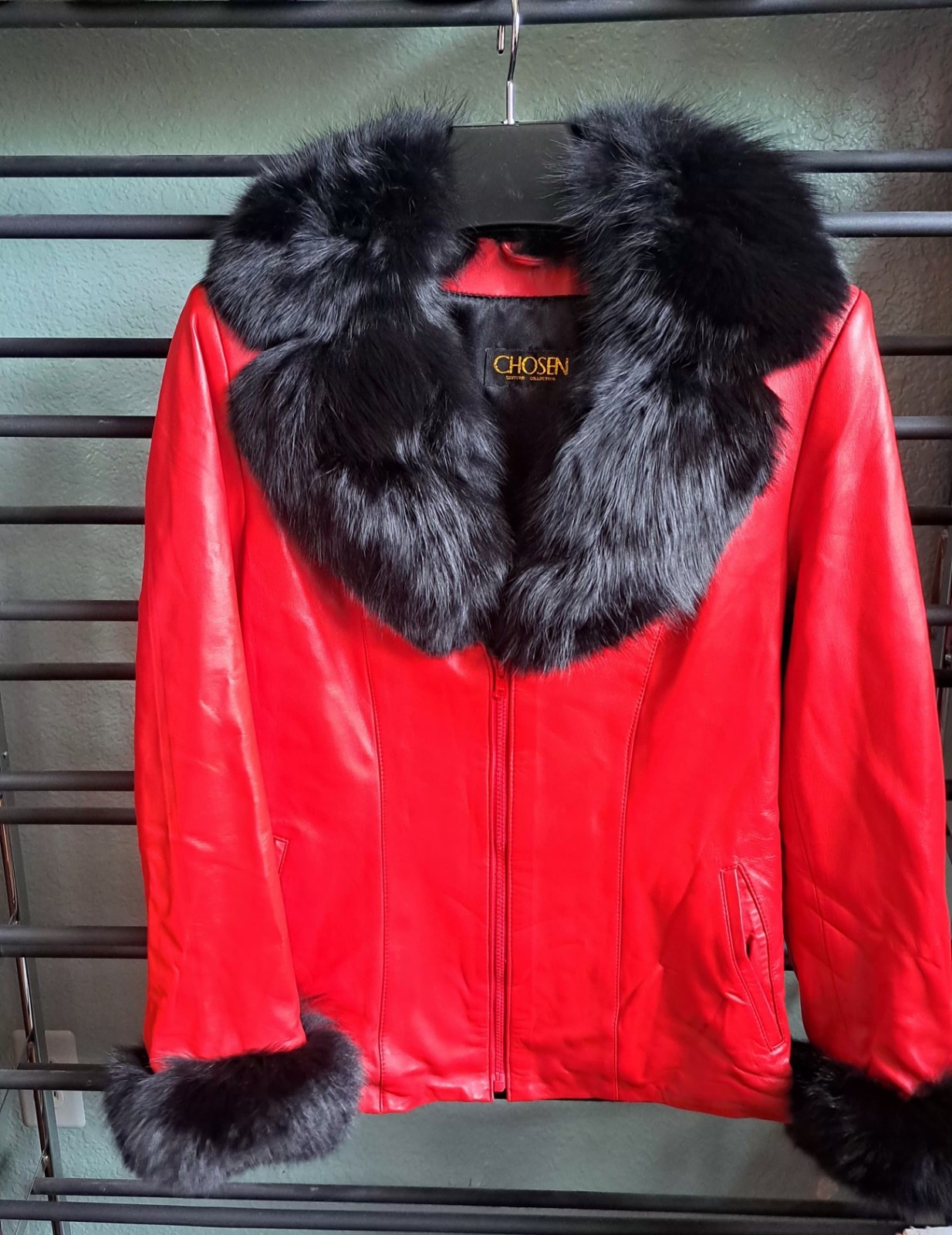 Y2K Vintage Chosen Couture Red Leather Jacket Black Fox Fur Collar Mob Wife