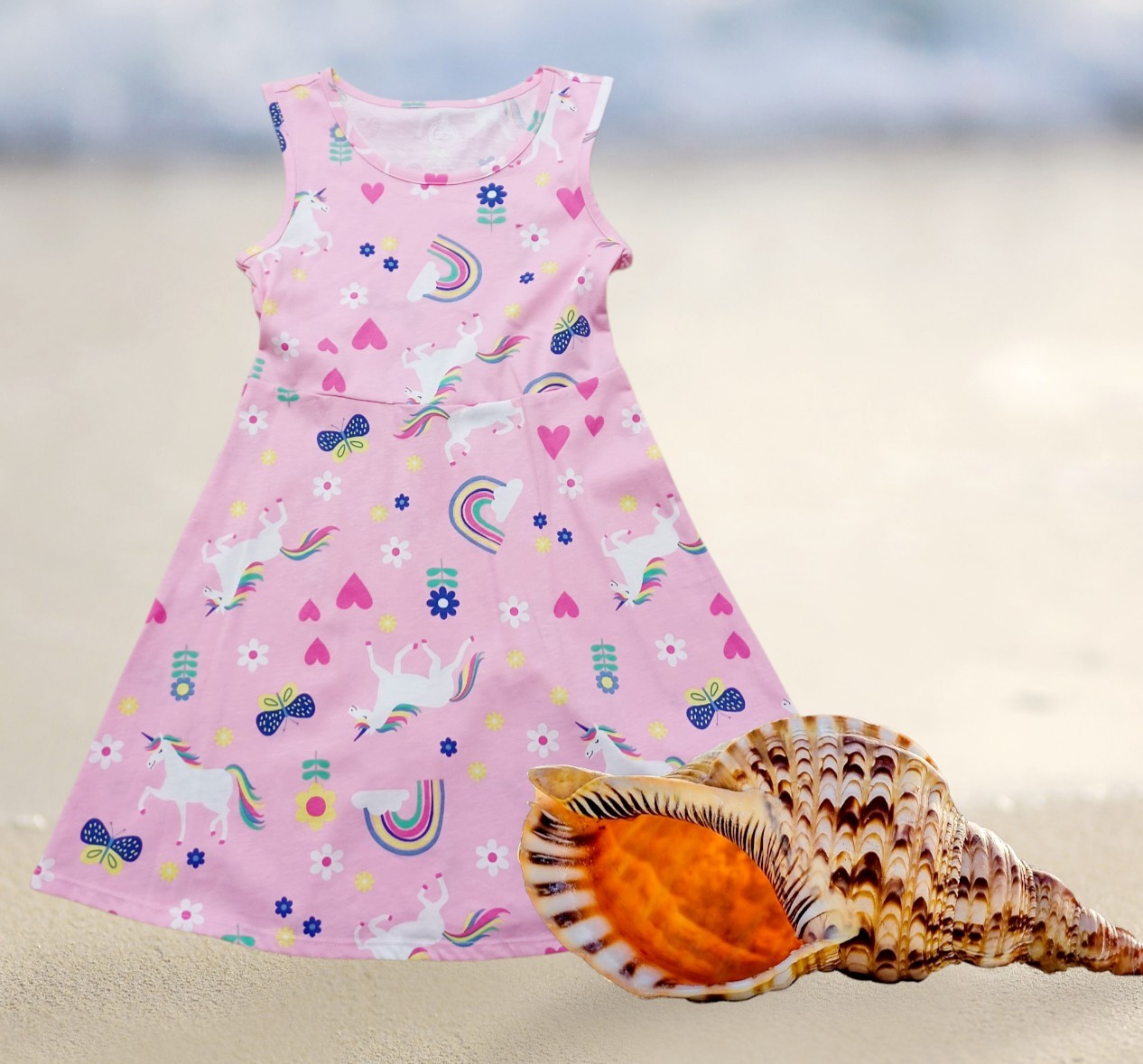 Wonder Nation Girls Pink Unicorn Rainbow Hearts Sleeveless Dress Size ,,7/8 NEW