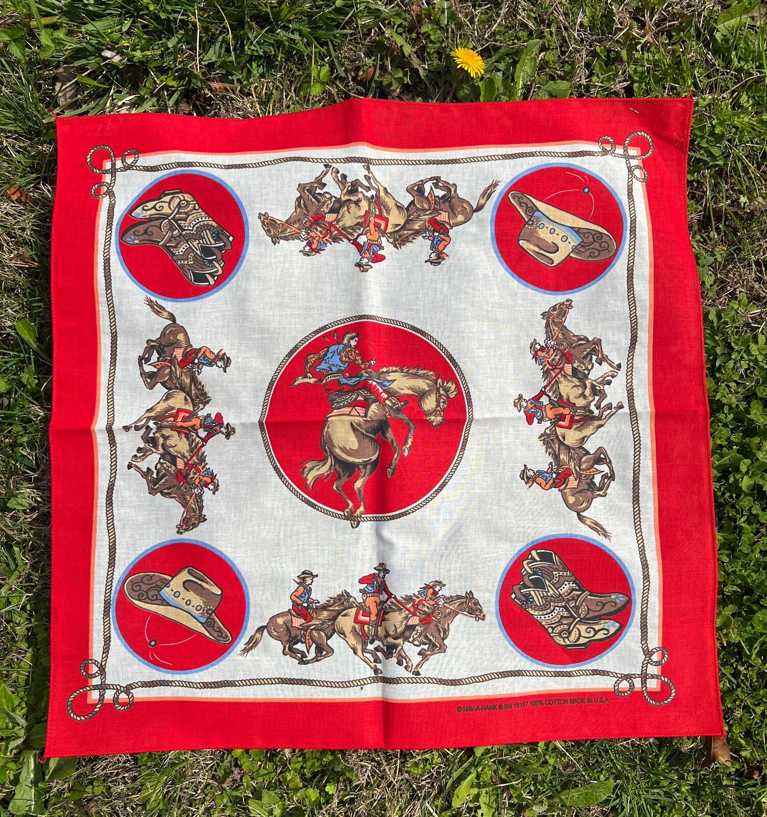 Southwest Rodeo Cowboy Red 22×22 Bandanna