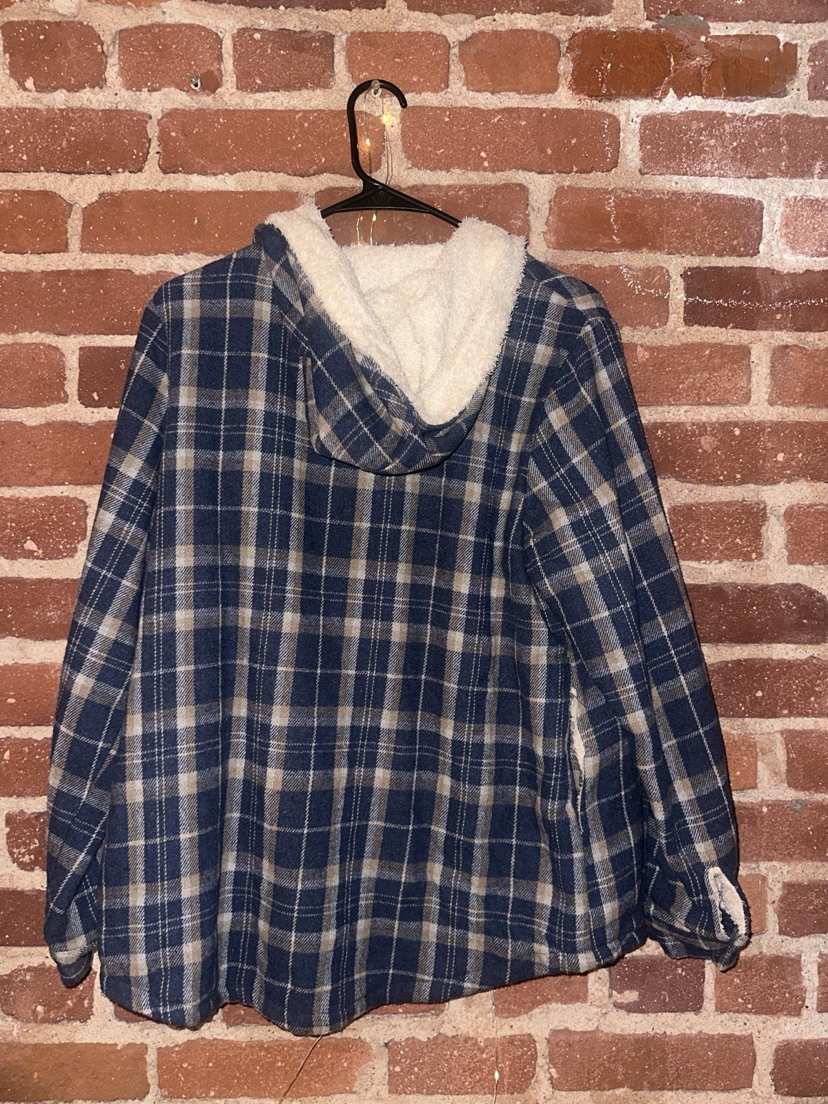 Blue & White Plaid Hooded Lined Button Jacket w/ Pockets Unisex Adults M