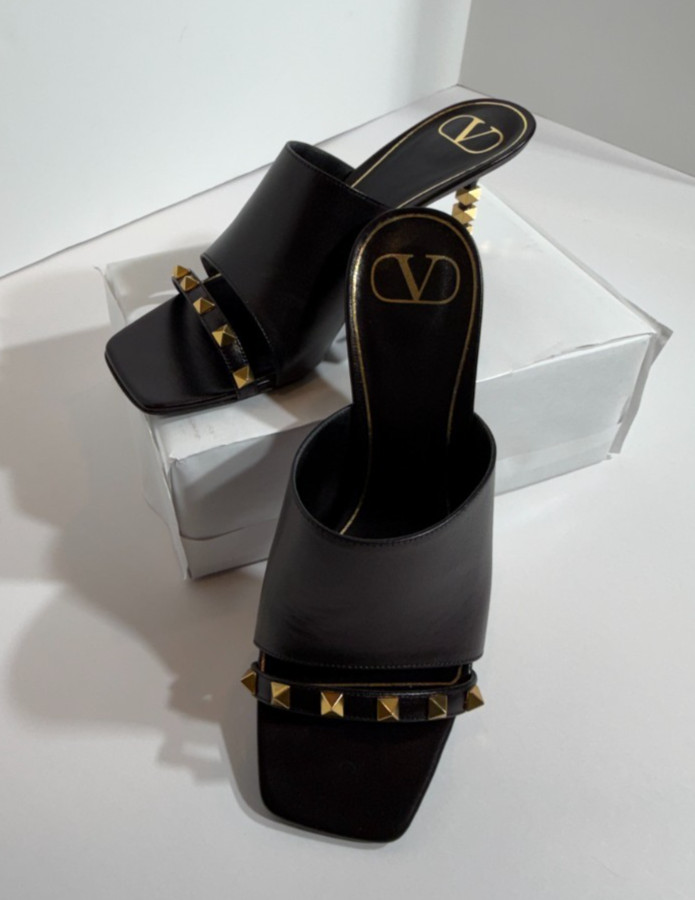 New Valentino Black Slide Sandals with Rockstud Accents 3 Inch Heels Size 38